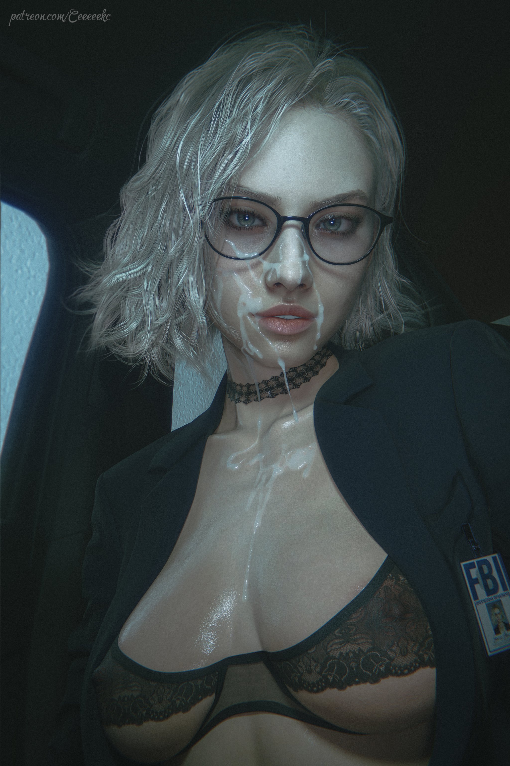 1girls, 3d, 3d (artwork), blazer, blender, blonde, blonde female, blonde hair, blue eyes, breasts, ceeeeekc, choker, clothed female, clothing, cum, cum on body, cum on breasts, cum on face, female, female only, glasses, grace ashcroft, grace ashcroft (julia pratt), lace, lace trim, lace-trimmed bra, lace-trimmed choker, lingerie, lingerie bra, messy cum, nipples, nipples visible through clothing, resident evil, resident evil 9: requiem, shiny skin, short hair, small breasts, solo, tagme, wavy hair