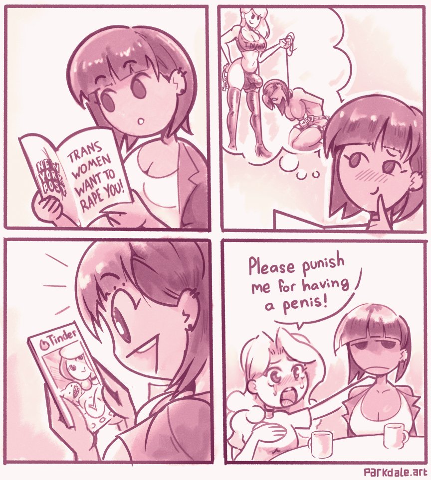 artist name, bdsm, bdsm gear, bulge, chaser, comic strip, english text, fantasizing, female, femdom, femsub, leash, meme, meme reference, monochrome, new york post, parkdale, phone, smartphone, terf, tinder (app), trans woman, watermark, web address