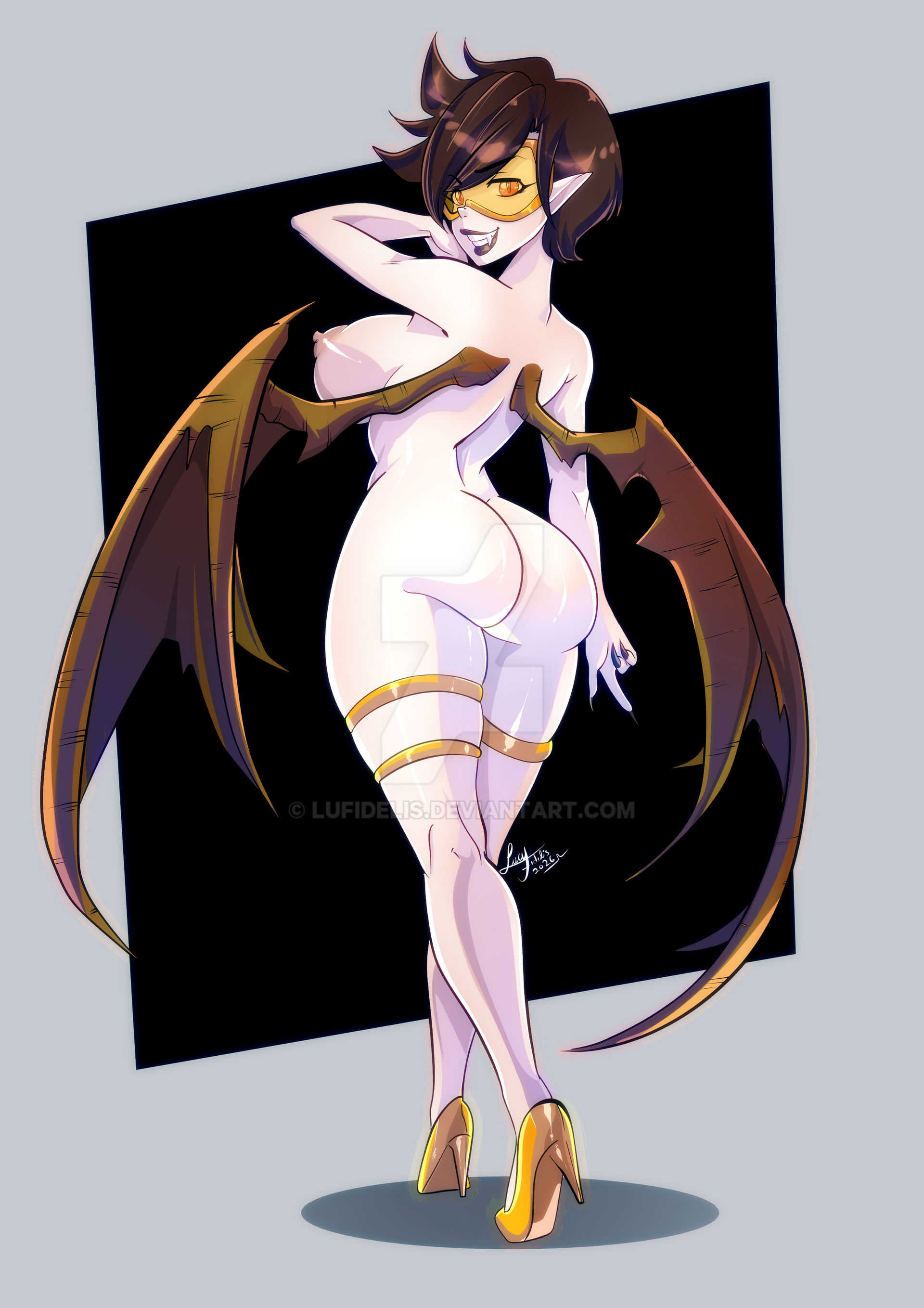 ass, body modification, brainwashing, breasts, corruption, female, huge ass, huge breasts, implied transformation, lufidelis, nipples, overwatch, pointy ears, pussy, thick lips, thick thighs, thighhighs, tracer, transformation, vampire, vampire girl, wide hips