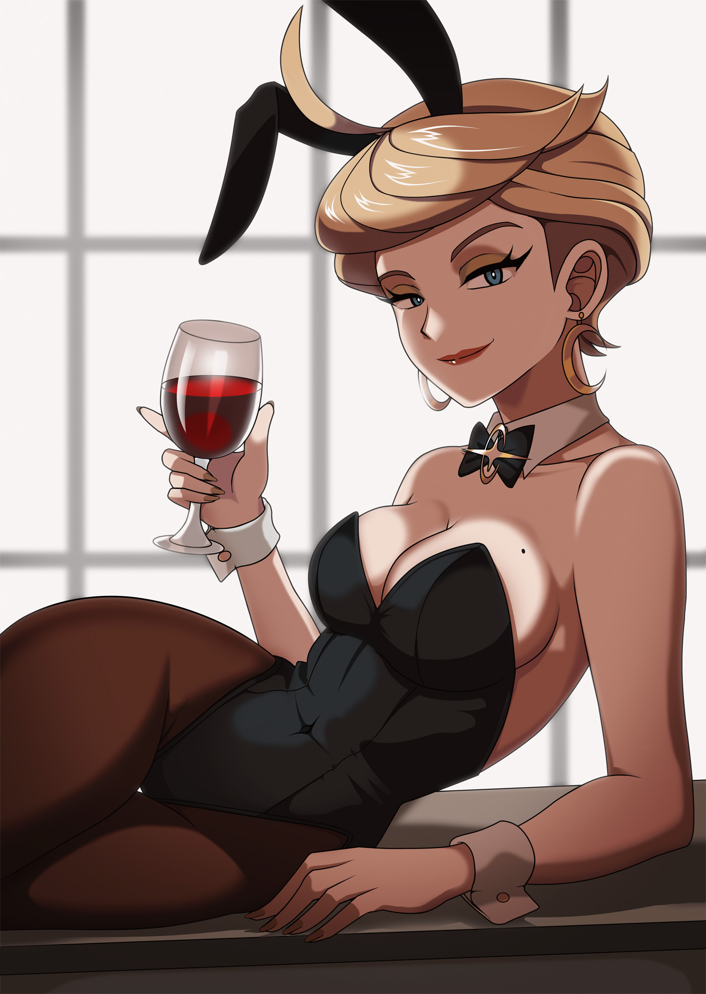 blonde female, blonde hair, bunny ears, jet (pokemon), jett (pokemon), playboy bunny, pokemon, pokemon legends: z-a, vivivoovoo, wine, wine glass