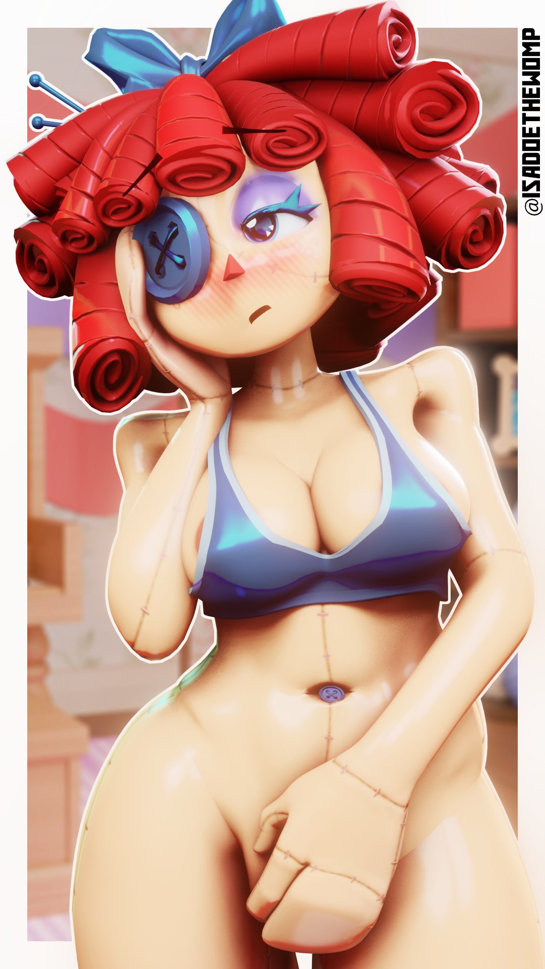 1girls, 3d (artwork), areolae, bikini top only, blush, bottomless, bottomless female, bow, button belly button, button eye, doll girl, dorfloor3, eyeshadow, glitch productions, gooseworx, hand covering pussy, hand on face, isadoethewomp, ragatha, ragatha (dorfloor3), ragatha (tadc), ragatha (the amazing digital circus), ragdoll, red hair, red-haired female, solo female, stitches, stitches on face, tagme, the amazing digital circus