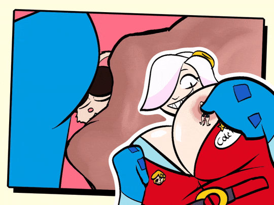 1boy, 1girls, big breasts, boobs, brawl stars, colette (brawl stars), dikomics, giantess, macro, micro, pressing nipples, rod (imrodrodent), size difference