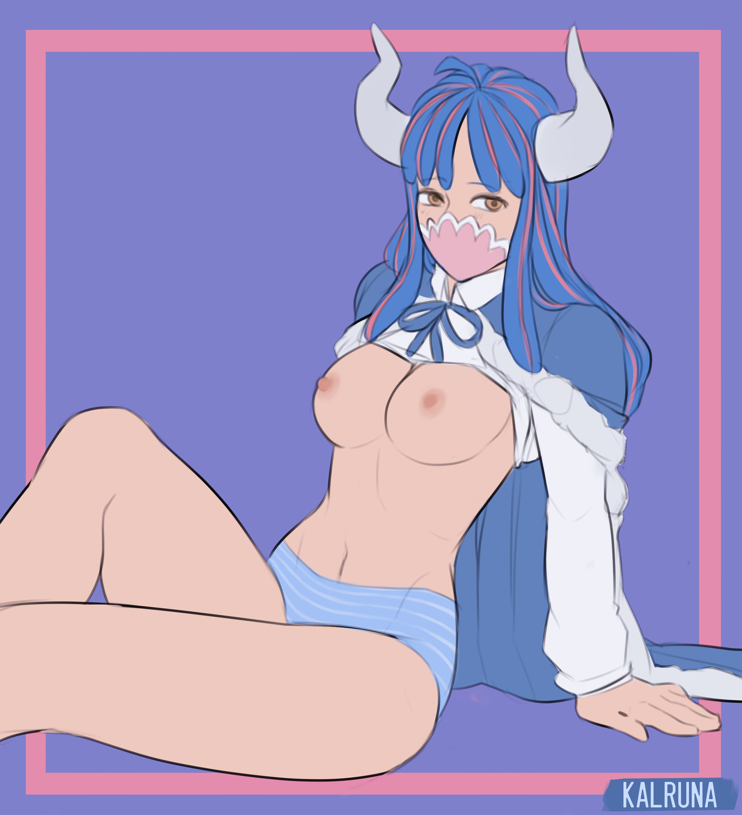 1girls, blue hair, blue-haired female, breasts, female, female only, horns, kalruna, lingerie, navel, nude, nude female, one piece, panties, red eyes, seductive, seductive eyes, seductive look, solo female, tagme, ulti (one piece), underwear
