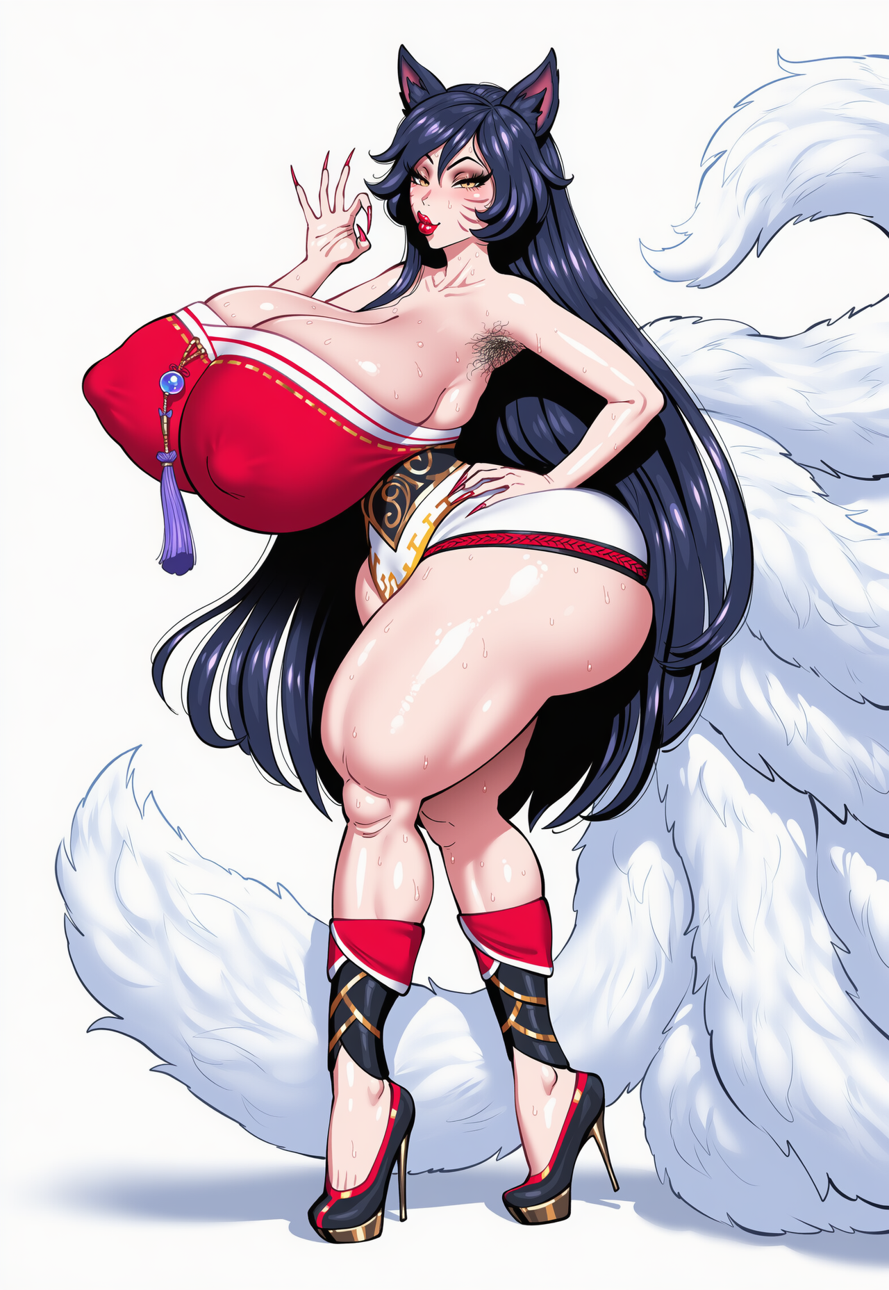 ahri, ai generated, bimbo, breakingd, fellatio gesture, gigantic ass, gigantic breasts, high heels, league of legends, looking at viewer, puffy nipples, seductive
