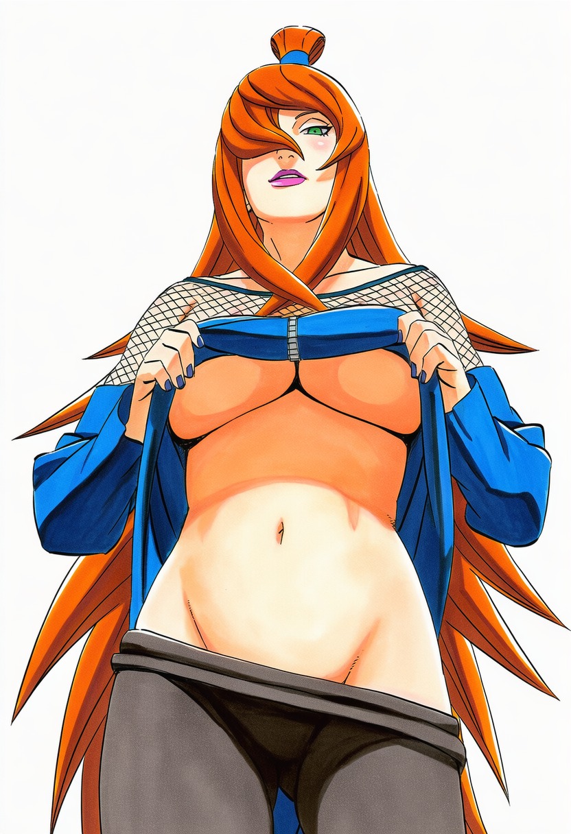 1girls, accurate art style, accurate body type, ai generated, ass visible through thighs, auburn hair, belly, belly button, big breasts, black pants, black pantyhose, blue dress, blue nails, blush, breasts, brown hair, clothes pull, clothing, colored nails, crotch, dress, dress lift, female, female focus, female only, fishnet topwear, fishnets, from below, full color, green eyes, groin, hair over one eye, high resolution, highres, large breasts, lifted by self, light skin, light-skinned female, line art, lipstick, long sleeves, looking at viewer, looking down, looking down at viewer, low-angle view, makeup, manga style, masashi kishimoto style, mature female, mei terumi, midriff, nail polish, naruto, naruto (series), naruto shippuden, navel, no bra, no panties, official style, orange hair, pants, pantyhose, pantyhose pull, parted lips, partially clothed, purple lips, purple lipstick, shirt lift, simple background, soft shading, solo, solo focus, standing, stomach, teasing, teasing viewer, topknot, underboob, very long hair, viewed from below, waifu, white background, zipper