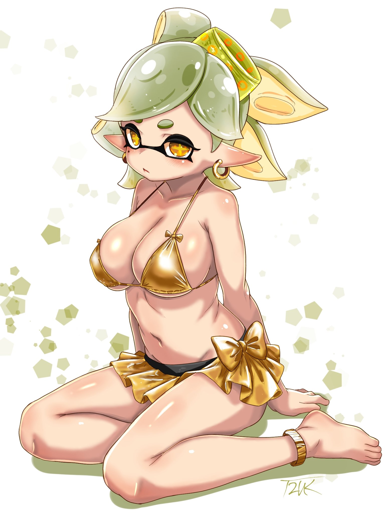 1girls, big breasts, breasts, cleavage, earrings, female, female only, gloves, gold bikini, huge breasts, inkling, inkling girl, large breasts, looking at viewer, marie (splatoon), navel, nintendo, pointy ears, short hair, solo, solo female, solo focus, splatoon, splatoon (series), t2ukmyjm, tentacle hair, thighs, two-tone hair