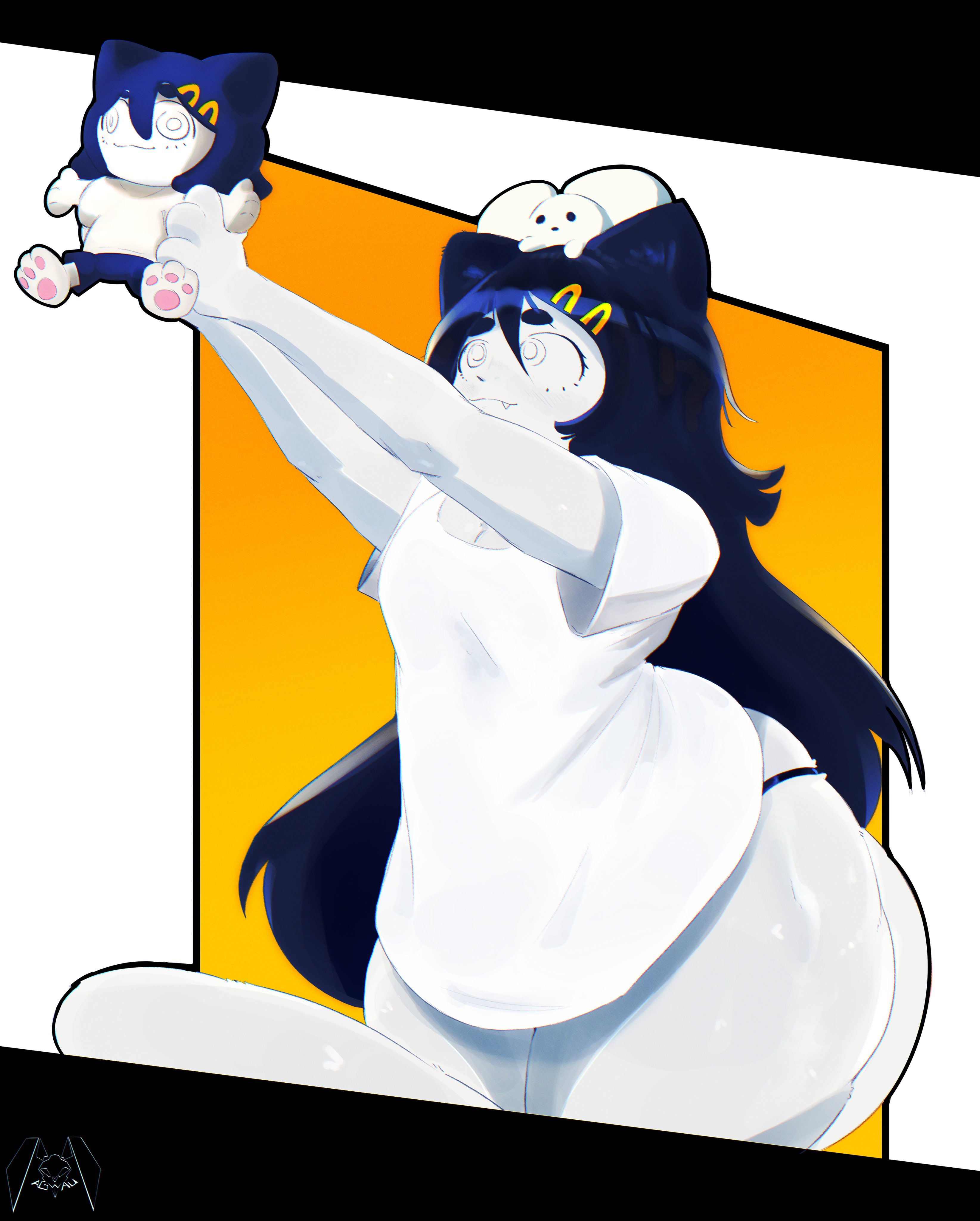 2d, 2d (artwork), aguywithausername, big breasts, black panties, blue hair, breasts, drawing, holding object, huge thighs, medium breasts, mimu (rishmimu), oversized clothes, panties, plushie, rish (rishmimu), rishmimu, simple background, tail, thick thighs, watermark, white body