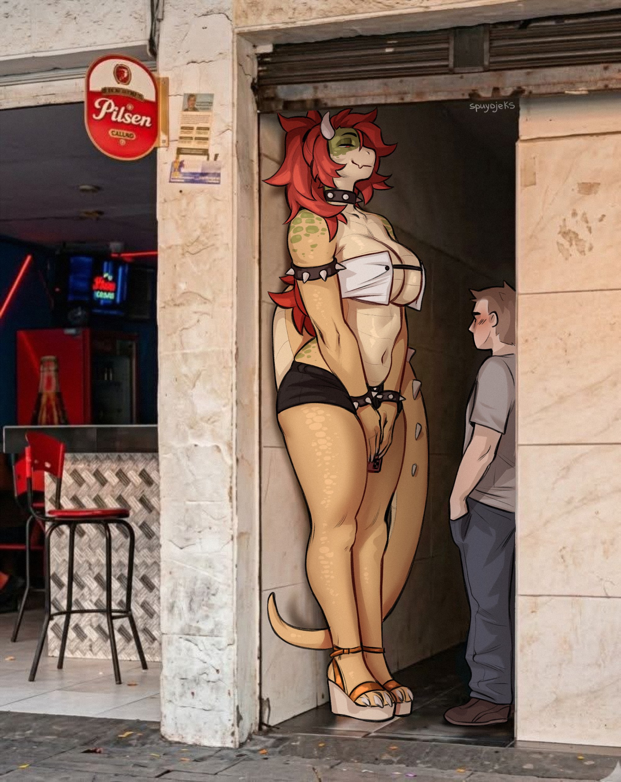 1boy, 1boys, 1female, 1girls, 1male, alleyway milf (meme), anthro, anthro female, black shorts, bowser, bowsette, colombia, crossgender, female, female anthro, female bowser, female furry, furry, furry female, genderswap, genderswap (mtf), human, human male, koopa, light skin, light-skinned female, male, male/female, mammal, mario (series), mature, mature female, mature male, medellin, colombia, nintendo, outdoors, photo background, pilsen callao, real background, red hair, reptile, rule 63, scalie, spuydjeks, super mario bros., tail, tall, tall female, tall girl, taller female, taller girl, wedge heels, yellow skin