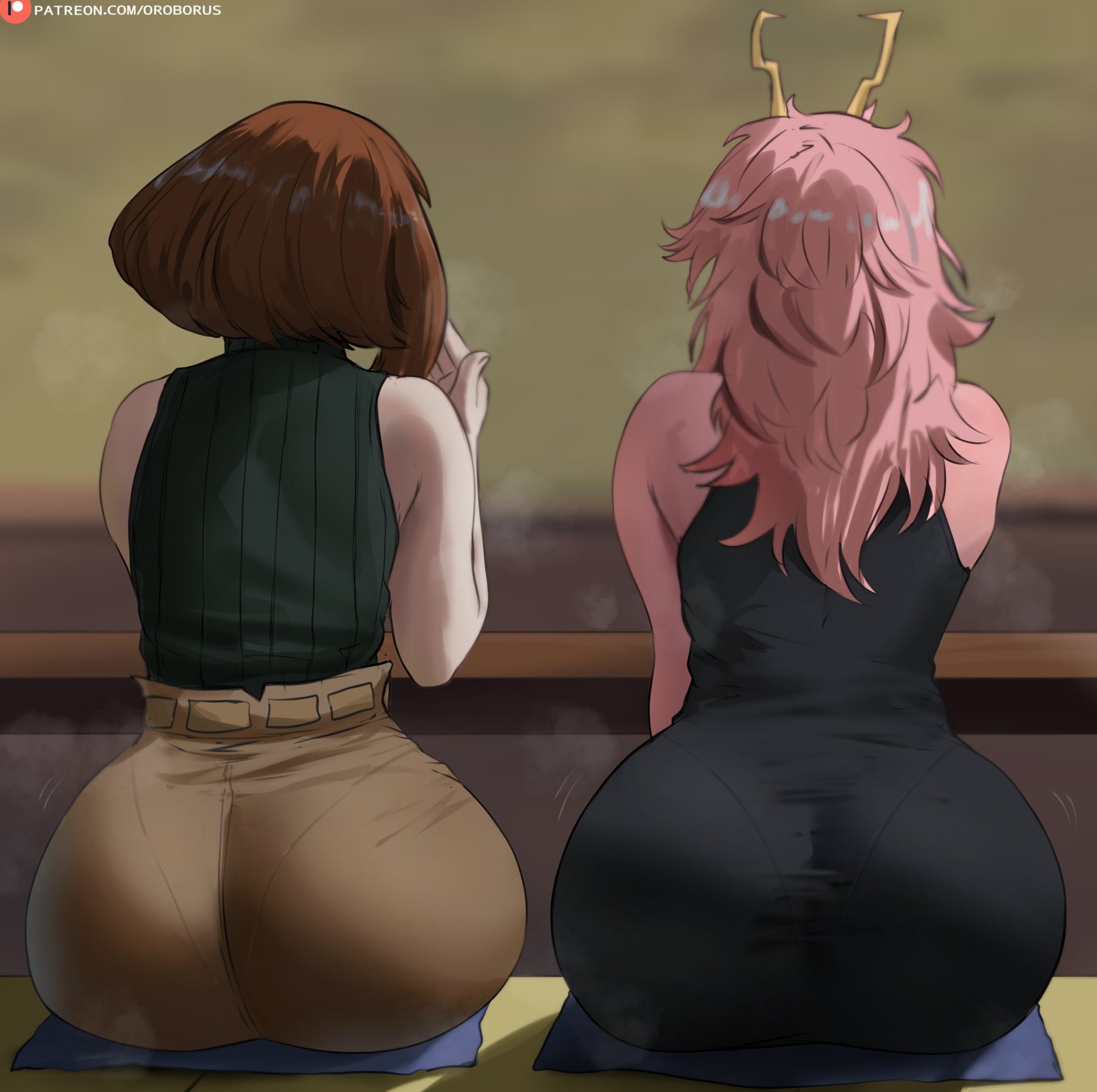 2girls, ass, ass focus, ass of the gods, big ass, big breasts, big butt, boku no hero academia, boku no hero academia (finale), breasts, bubble butt, busty, butt, canonical scene, curves, curvy, dumptruck ass, duo, fat ass, female, female only, huge ass, huge breasts, huge butt, large ass, large breasts, large butt, light-skinned female, majestic ass, mina ashido, multiple girls, my hero academia, my hero academia (finale), ochako uraraka, oroborusart, pink body, post-timeskip, spankable ass, thick, thick ass, thick thighs, thighs, underwear outline, uraraka ochako