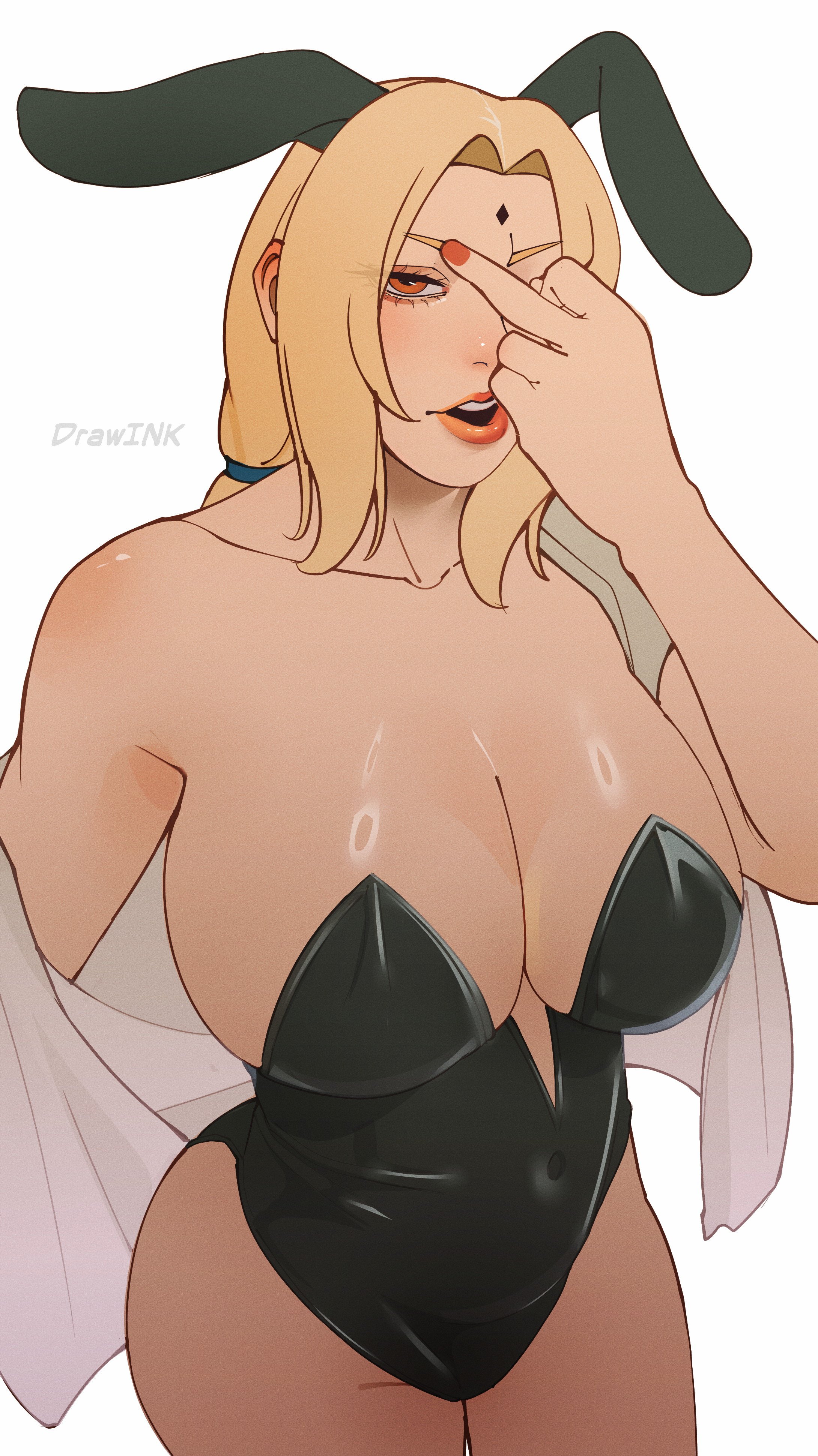 1girls, big breasts, black leotard, blonde hair, boobs, breasts, bunny ears, bunnysuit, cleavage, drawink, female, flipping off, glossy lips, huge breasts, latex, long hair, looking at viewer, mature female, middle finger, milf, naruto (series), open mouth, plump lips, shiny clothes, solo, strapless, strapless leotard, thick thighs, tsunade, wide hips