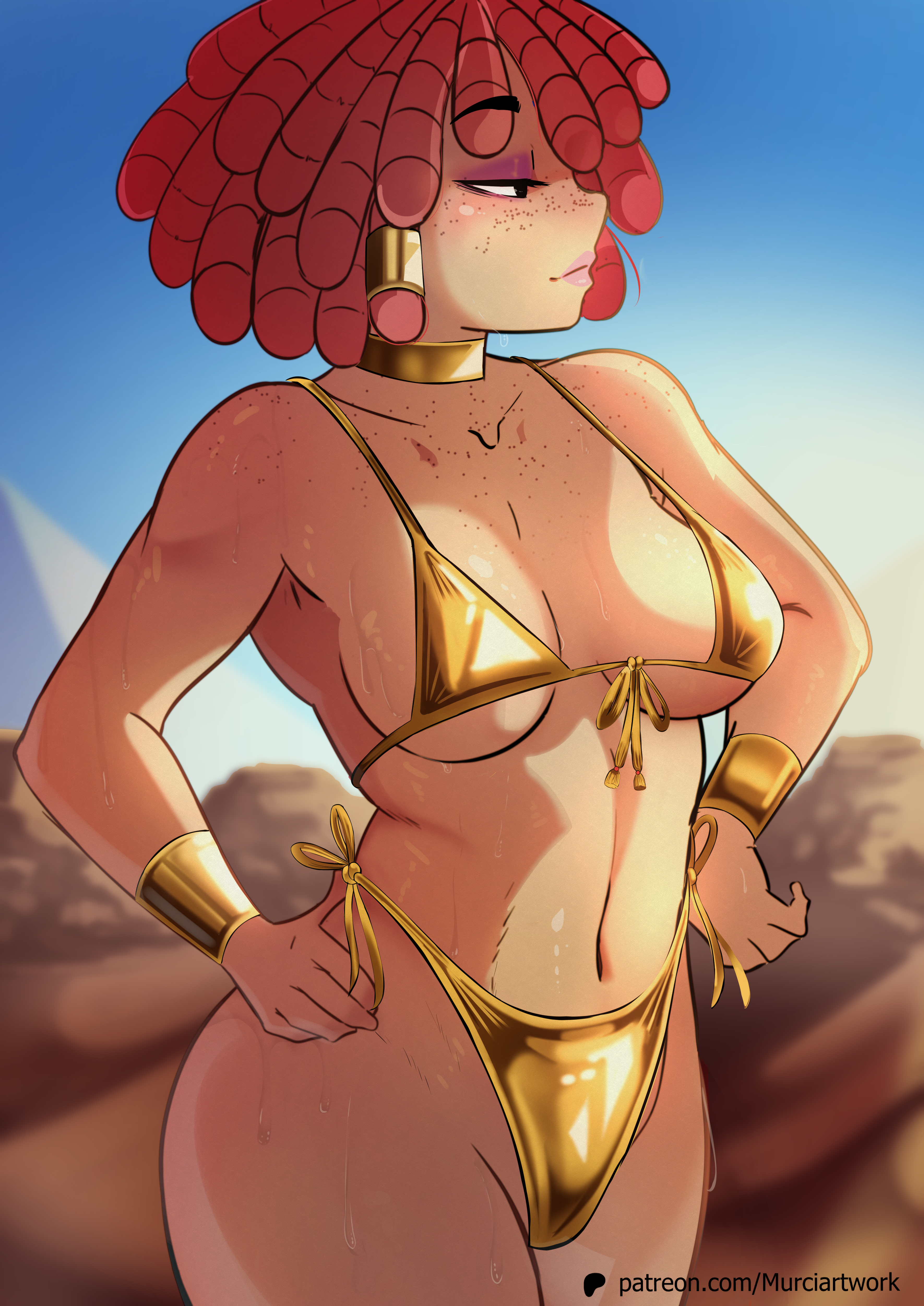 1girls, armwear, big breasts, bikini, bikini bottom, bikini top, black eyes, bottomwear, breasts, choker, cleavage, deviantart link, eyeshadow, female, female only, freckles, freckles on face, freckles on shoulders, golden bikini, golden week, hair, half-closed eyes, hands on hips, hips, lips, lipstick, neckwear, purple eyeshadow, ragatha (the amazing digital circus), red hair, solo, solo female, swimwear, the amazing digital circus, themurcia, thick thighs, thighs, topwear, wet, wet body