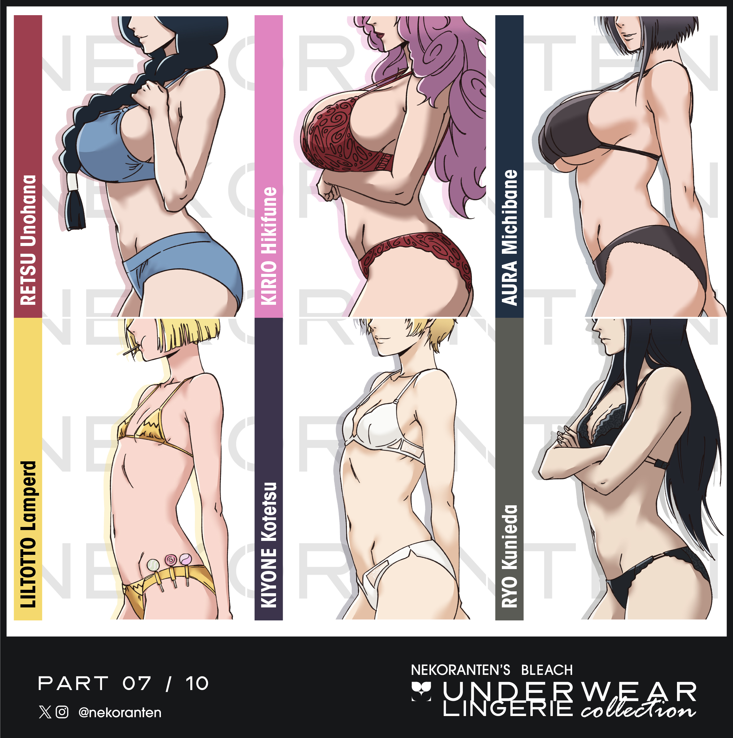 2d, 2d (artwork), aura michibane, big breasts, bigger female, bleach, bleach: the thousand-year blood war, breast chart, breasts, chart, female, female only, fit, fit female, hikifune kirio, huge breasts, kotetsu kiyone, kunieda ryo, large breasts, liltotto lamperd, lingerie, lingerie only, medium breasts, milf, multiple girls, nekoranten, panties, petite, petite body, petite female, quincy bitch, side boob, side view, six pack, small breasts, smaller female, smiling, smirk, sports bra, tagme, tall, taller female, teenager, text, underboob, underwear, unohana retsu, voluptuous, voluptuous body, voluptuous female