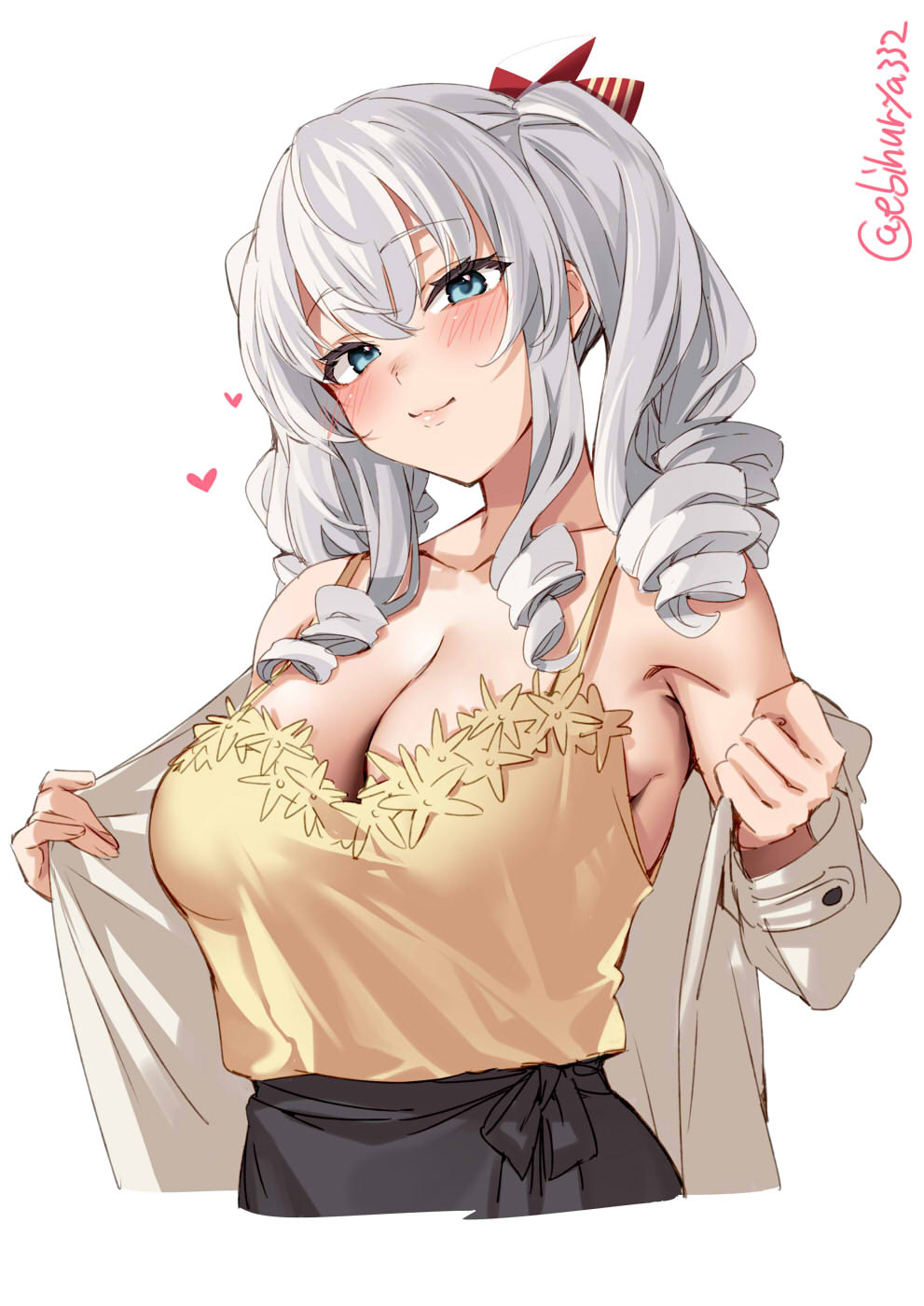 bare shoulders, blue eyes, blush, breasts, camisole, cleavage, closed mouth, collarbone, cowboy shot, ebifurya, female, grey hair, hair ribbon, heart, highres, kantai collection, kashima (kantai collection), large breasts, lips, long hair, looking at viewer, mature female, milf, one-hour drawing challenge, removing jacket, ribbon, sideboob, sidelocks, simple background, sleeveless, smile, solo, tsurime, twintails, twitter username, undressing, wavy hair, white background