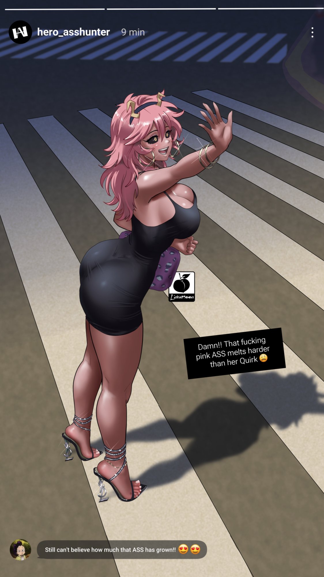 1girls, adult mina, ashido mina time-skip, ass, big ass, big ass (female), big boobs, big breasts, black dress, black headband, boku no hero academia, boobs, boobs and butt pose, bracelet, bracelets, breasts, bubble butt, bubble butt (female), cleavage, cleavage dress, crosswalk, dress, ear piercing, ear ring, earrings, feet, female, female focus, female only, form fitting, handbag, headband, heels, heels fetish, high heel sandals, high heels, hoop ear ring, hoop earring, hoop earrings, horns, huge breasts, linkartoon, long hair, looking at hand, mina ashido, mina ashido curvy (meme), mina ashido time-skip, mineta minoru, my hero academia, my hero academia (finale), open toe footwear, open toe heels, open toe shoes, pink body, pink hair, pinky (my hero academia), post-timeskip, revealing clothes, revealing clothing, revealing dress, revealing outfit, sandals, shiny skin, smile, social media, social media influencer, solo, street, thick thighs, thighs, tight clothes, tight clothing, tight dress, toenail polish, toenails, toenails polish, toenails polished, toes, wide hips