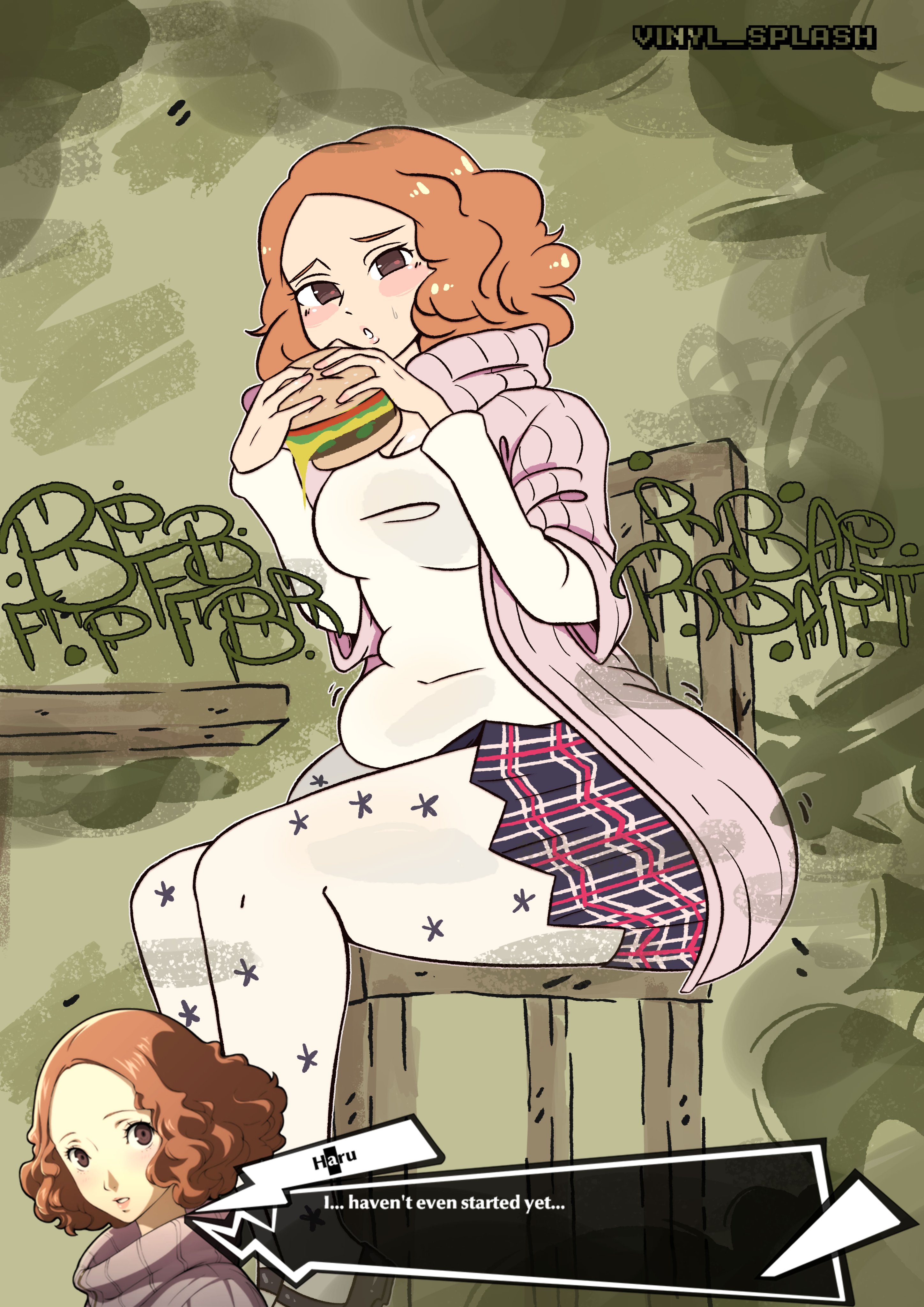 ass, atlus, bbw, big ass, big butt, blush, burger, chubby female, dialogue, eating, english text, fart, fart cloud, fart fetish, farting, fat ass, female, flustered, haru okumura, persona, persona 5, shoulder length hair, sitting, text, thick thighs, vinylsplash