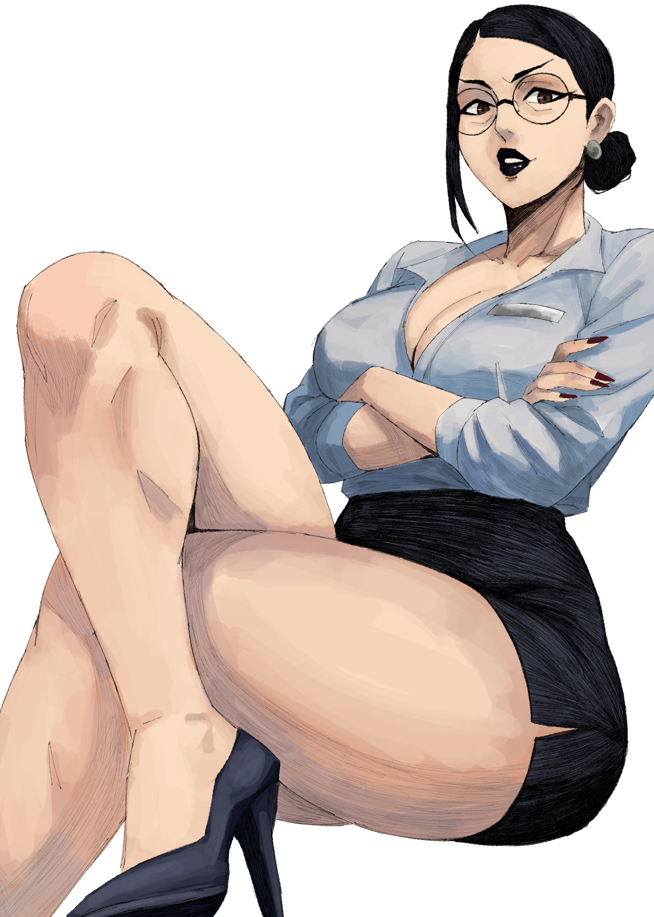 1girls, 2d, 2d (artwork), alternate costume, asian, asian female, ass, bewitching thighs, big boobs, big breasts, black hair, black hair female, black heels, black high heels, black lips, black lipstick, black skirt, boobs, breasts, brown eyes, brown eyes female, cleavage, clothed, clothed female, crossed arms, debbie grayson, female, female only, glasses, glasses on face, hair bun, heels, hex mamaniac, high heels, invincible, korean, korean female, large boobs, large breasts, light skin, light-skinned female, lipstick, looking at viewer, looking down, milf, mother, nail polish, office lady, principal, red nail polish, red nails, skirt, solo, solo female, solo focus, thick thighs, thighs, thighs bigger than head