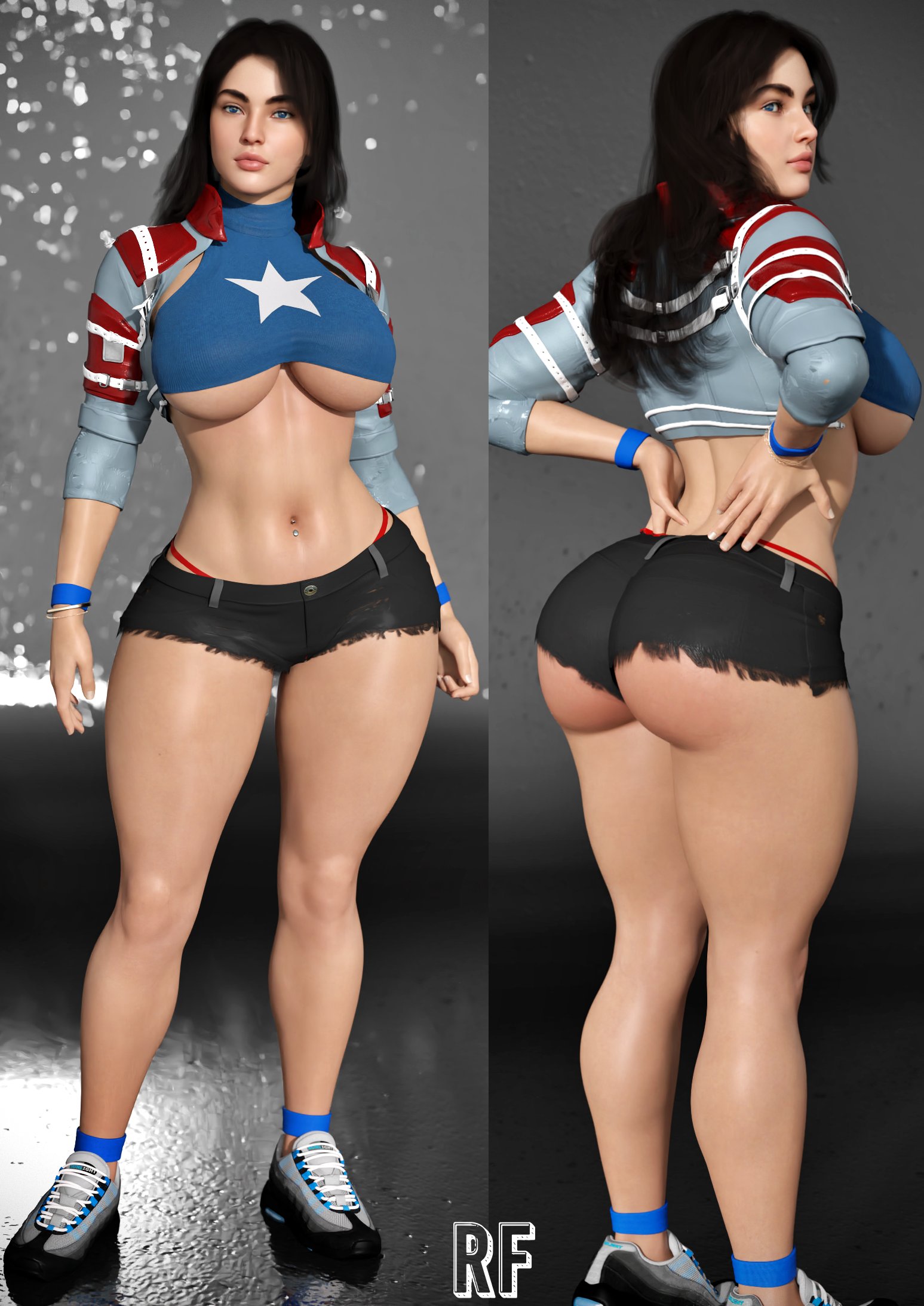 1girls, 3d, america chavez, ass, big ass, big breasts, booty shorts, breasts, crop top, cropped hoodie, cropped jacket, cropped shirt, denim, denim bottomwear, denim clothing, denim shorts, female, female only, jorts, marvel, marvel comics, midriff, navel, rude frog, shorts, thick thighs, thong above shorts, thong straps, underboob, wide hips