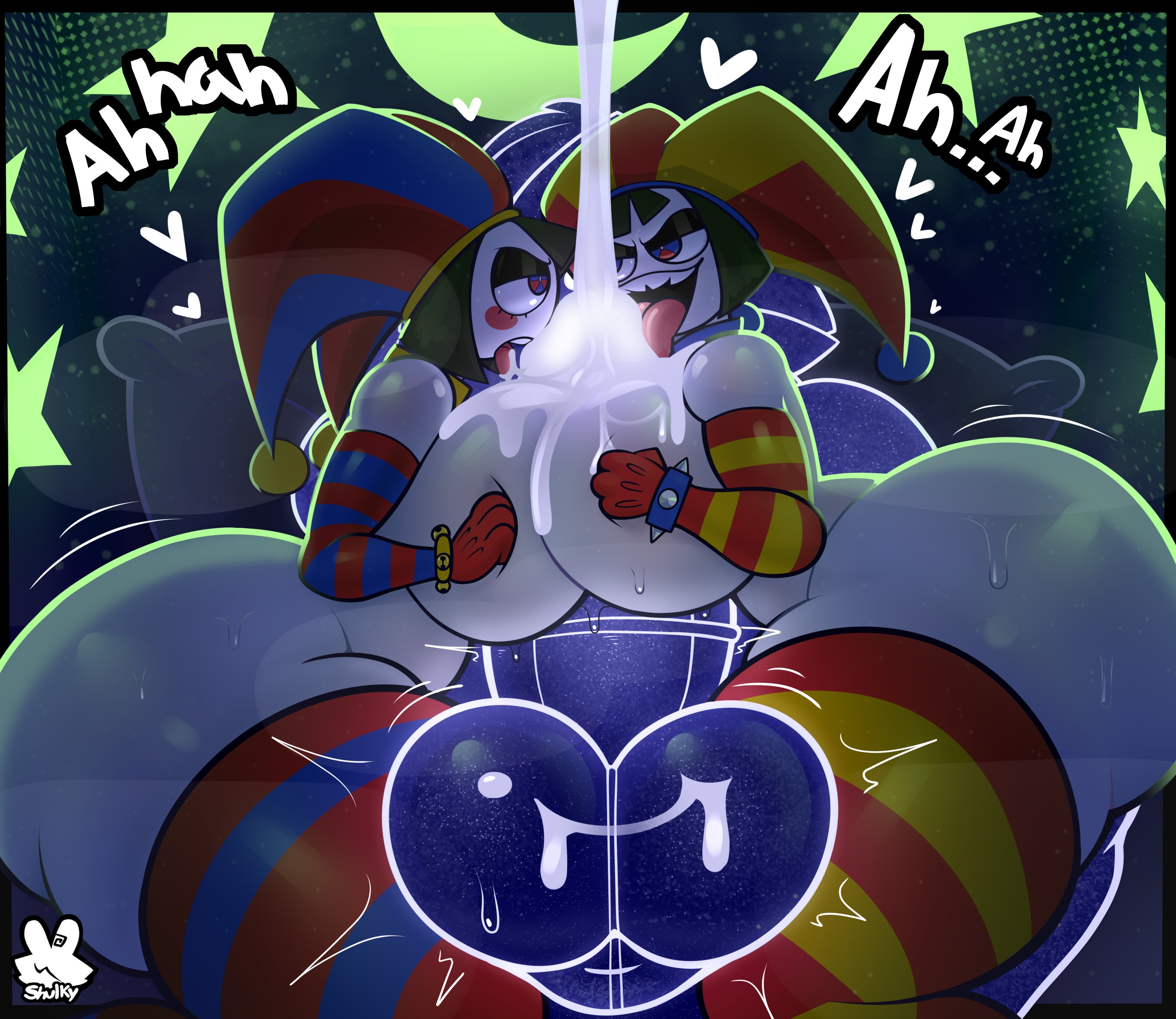 1boy, 2girls, artist name, ass, balls, big ass, big balls, big breasts, commission, cum, cum on balls, cum on breasts, cumming, cumshot, double paizuri, ejaculation, evil pomni (the amazing digital circus), glitch productions, grabbing own breast, hearts, huge ass, huge balls, huge breasts, jester, jester hat, jester outfit, large penis, licking penis, oc x canon, original, pillows, pomni (the amazing digital circus), quasar (nightlyflare), shulky bnuuy, straight, sweat, sweaty ass, sweaty body, sweaty breasts, tagme, the amazing digital circus, thick thighs, tounge out, white skin