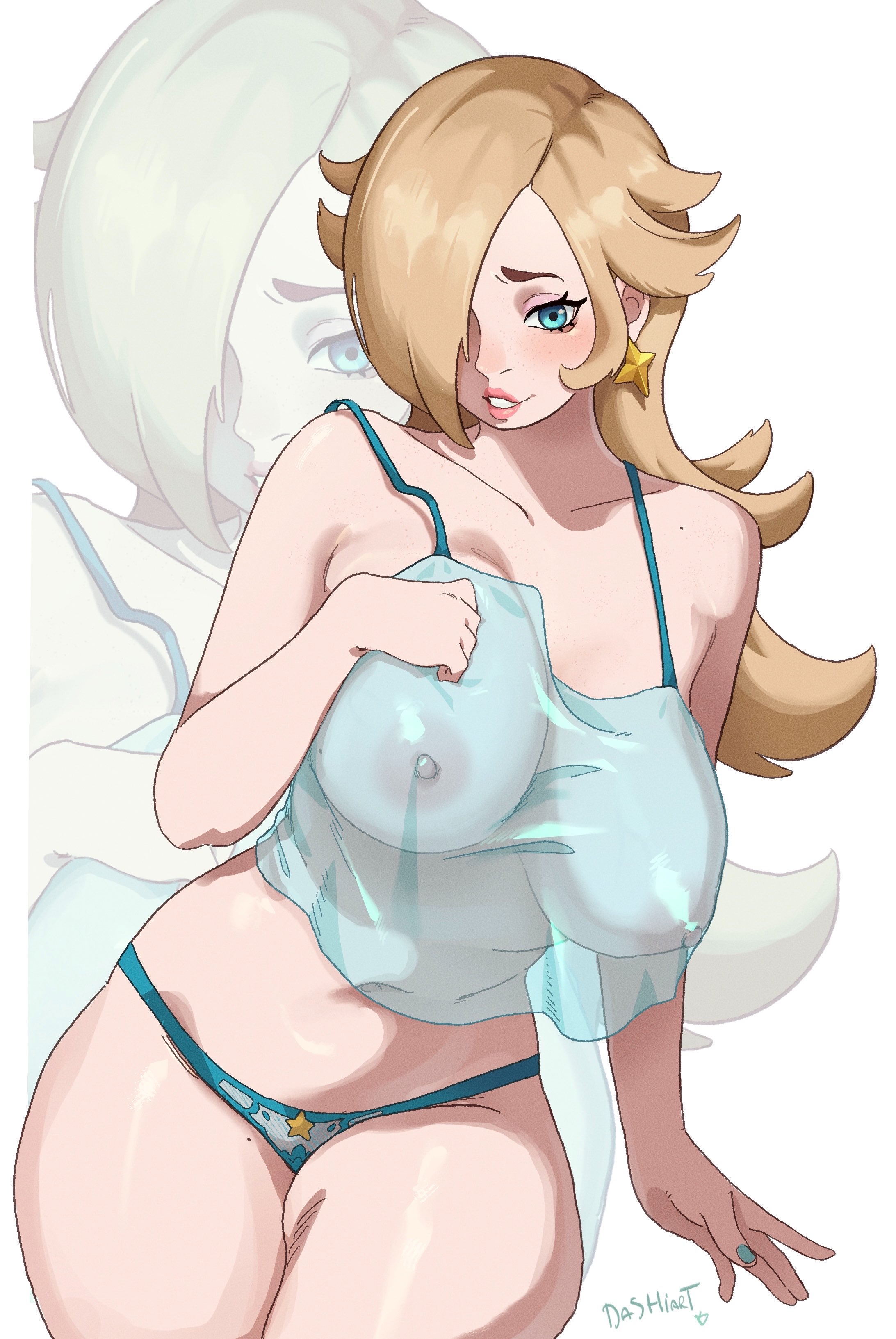 1girl, absurdres, artist name, blonde hair, blue camisole, blue eyes, blue panties, breasts, camisole, commentary, dashi art, earrings, highres, jewelry, large breasts, lips, long hair, mario (series), nintendo, nipples, panties, princess rosalina, rosalina, see-through camisole, see-through clothes, smile, solo, star (symbol), star earrings, super mario galaxy, thighs, underwear, very long hair, white background, zoom layer