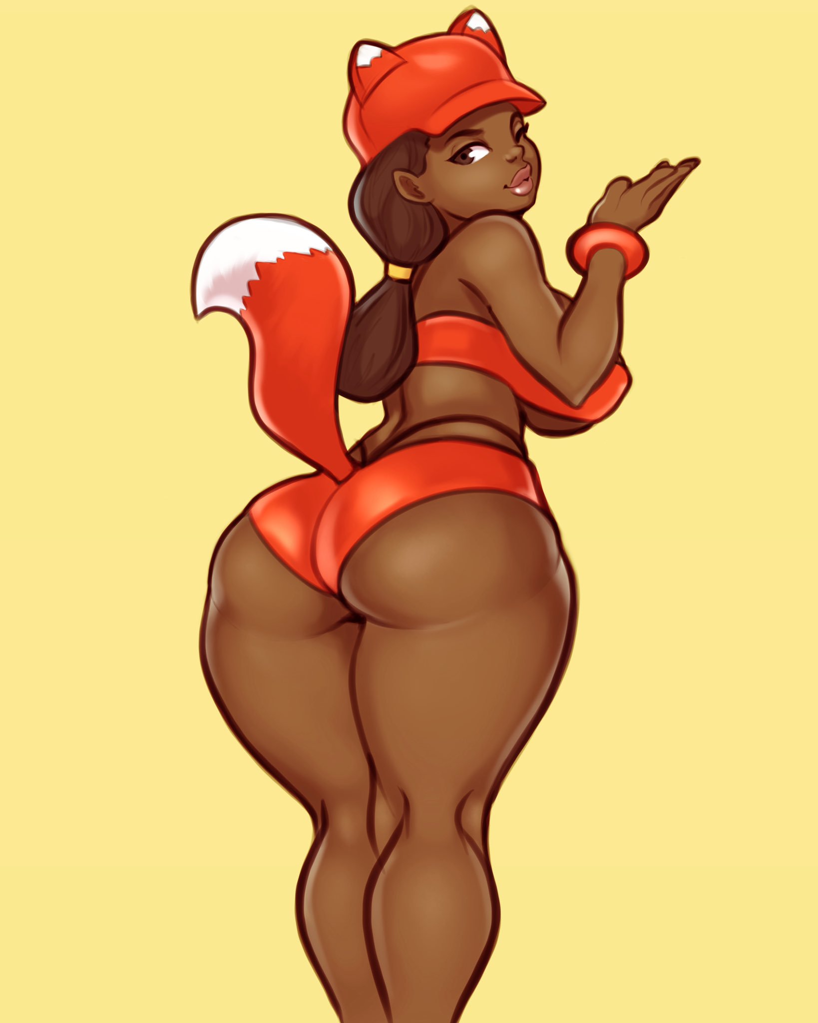 2019, ass, brown eyes, brown hair, comedy central, dark skin, dark-skinned female, drawn together, female, female focus, female only, fox tail, foxxy love, jakuson z, looking at viewer, looking back, posing, solo, thighs, yellow background