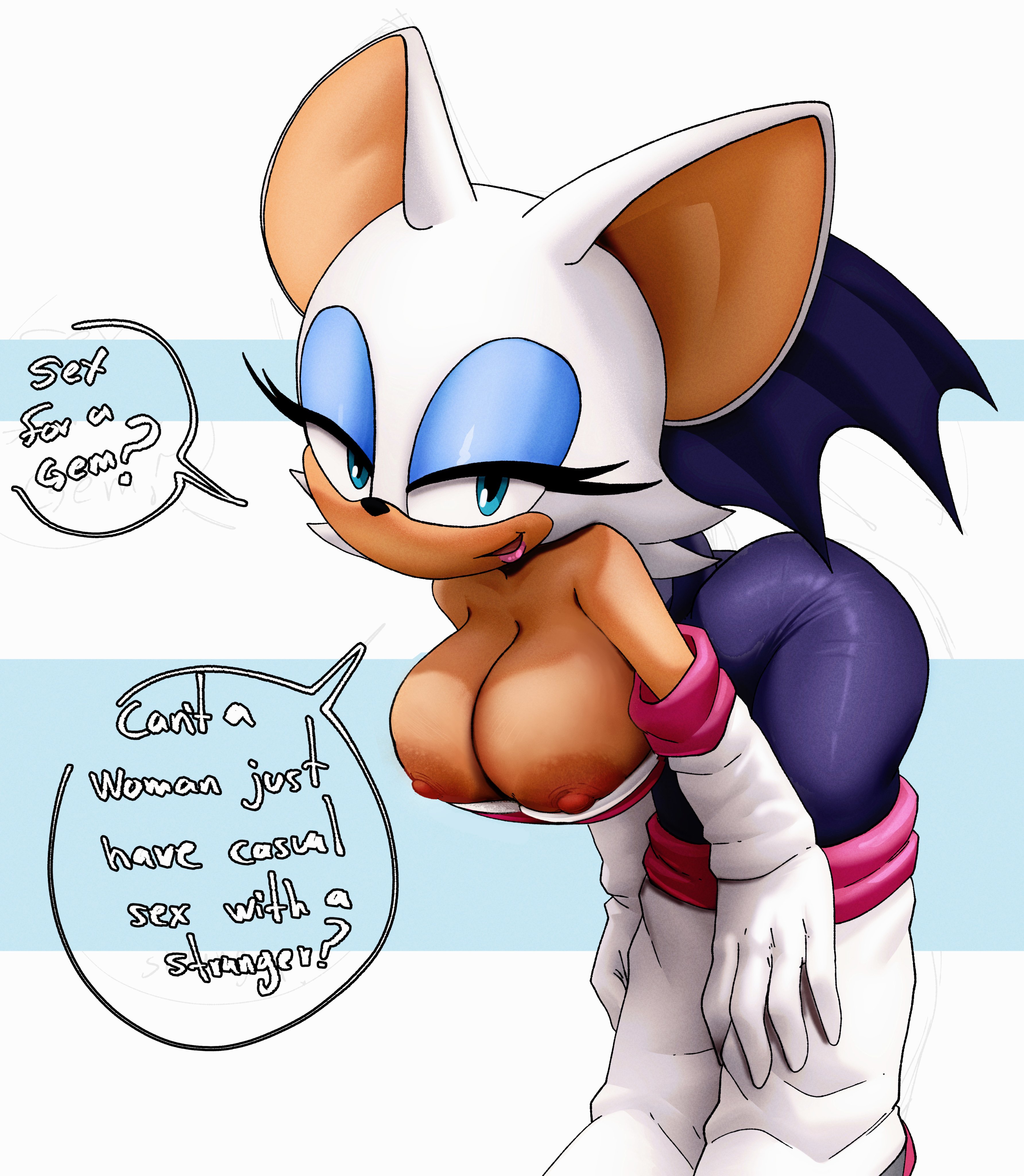 1girl, 1girls, animal ears, animal nose, anthro, areola slip, artist name, bare shoulders, bat, bat ears, bat girl, bat wings, bent over, black bodysuit, black wings, blue background, blue eyes, blue eyeshadow, body fur, bodysuit, boots, breasts, choker, cleavage, closed mouth, clothing, coolerinker, elbow gloves, english language, english text, eyeshadow, female, full body, furry, furry female, gloves, half-closed eye, half-closed eyes, hands on own knees, hands on own thighs, happy, high heel boots, inker comics, inkershike, knee boots, large areolae, large breasts, leaning forward, legs together, looking at viewer, makeup, mammal, nipple slip, nipples, open mouth, purple wings, rouge the bat, shiny clothes, short hair, sideways mouth, simple background, smile, snout, solo, sonic (series), sonic the hedgehog (series), speech bubble, standing, talking, text, thigh boots, thighs, tongue, two-tone background, two-tone fur, white background, white footwear, white fur, white gloves, white hair, white high heels boots, wings