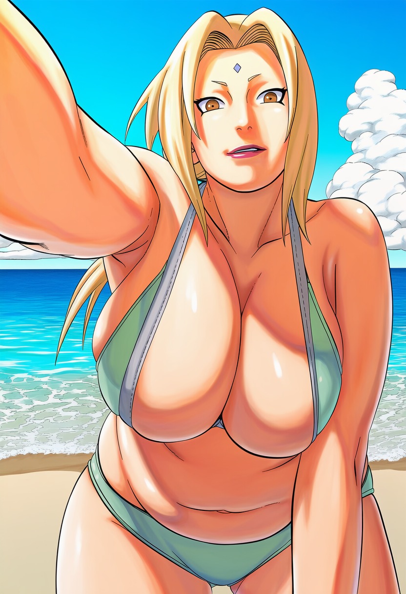 1girls, accurate art style, ai generated, arm at side, armpit, armpits, bare shoulders, beach, belly, belly button, big breasts, bikini, bikini bottom, blonde female, blonde hair, blue sky, breast focus, breasts, breasts squeezed together, brown eyes, busty, cleavage, clothing, cloud, collarbone, curvaceous, curvy, day, deep cleavage, extended arm, facial mark, facing viewer, fat rolls, female focus, female only, forehead jewel, forehead mark, foreshortening, front view, full color, green bikini, halterneck, high resolution, highres, huge breasts, large breasts, leaning forward, light skin, light-skinned female, line art, lipstick, long hair, looking at viewer, makeup, manga style, masashi kishimoto style, mature female, midriff, naruto, naruto (series), naruto shippuden, navel, ocean, official style, orange eyes, outdoors, parted lips, pinup, plump, reaching towards viewer, red lipstick, sand, seaside, seductive, seductive look, shiny breasts, shiny hair, shiny skin, shore, short eyebrows, skindentation, sky, smile, soft shading, solo, solo focus, swimsuit, teeth, teeth showing, thick thighs, thighs, tied hair, tsunade, twintails, upper teeth, upper teeth only, voluptuous, voluptuous female, waifu