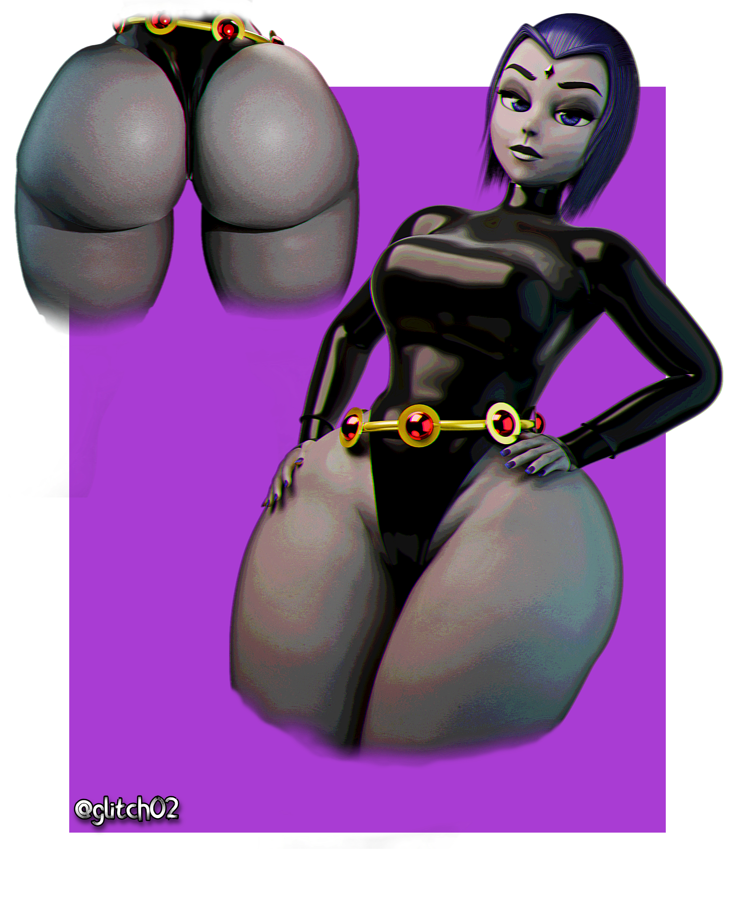 1girls, 3d, 3d (artwork), belt,, big ass, big butt, black clothing, blender, child bearing hips, clothing in ass,, dc, dc comics, doughy ass, female, female only, glitch02, grey body, leotard, looking at viewer, purple eyes, purple hair, purple nails, raven (dc), raven (teen titans), shiny clothes, thick ass, thick thighs, wedgie, wide hips