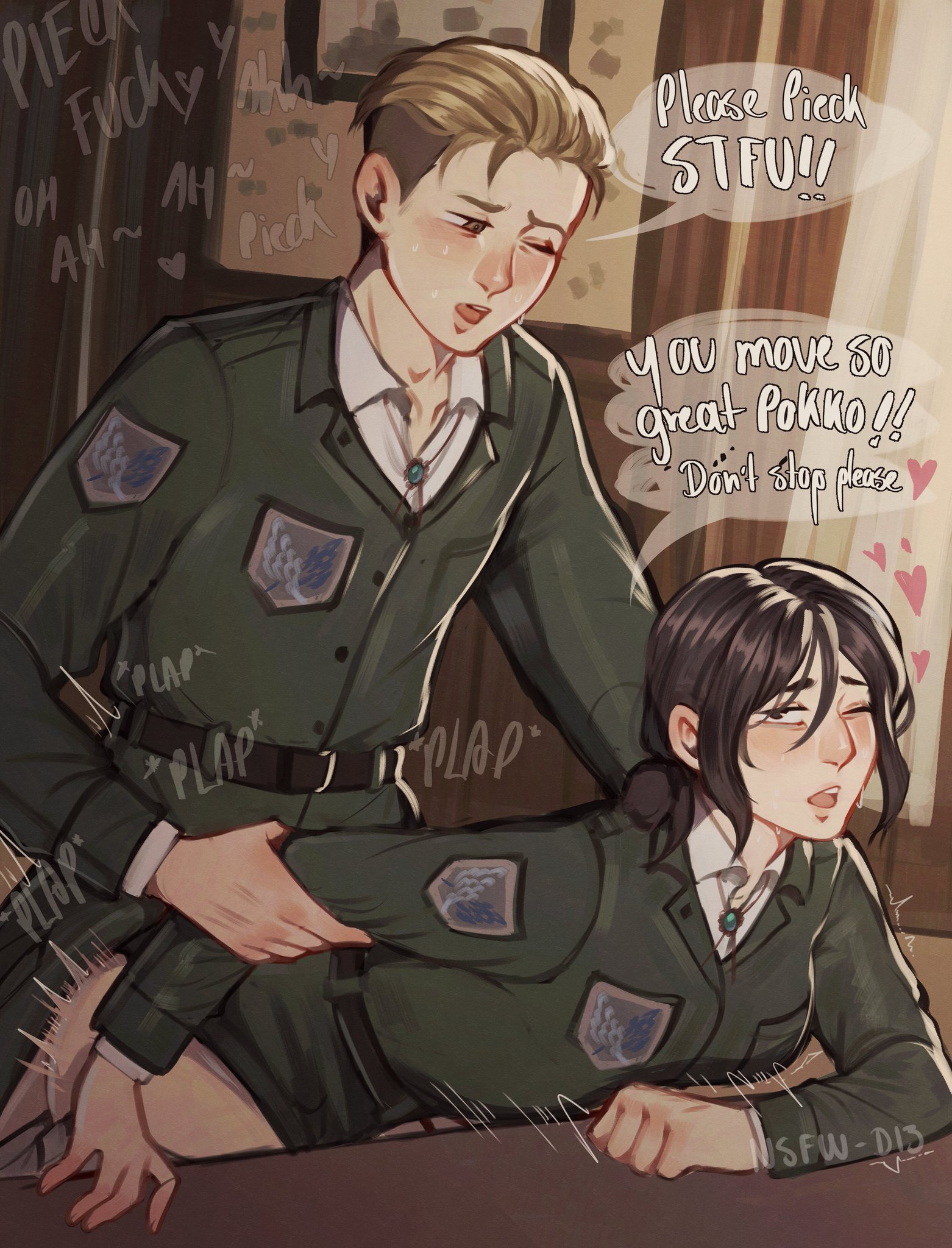 1boy, 1girls, attack on titan, clothed sex, dirty talk, duo, duo focus, female soldier, from behind position, hard sex, maryd13, military, military uniform, paradis military uniform, pieck finger, porco galliard, rough sex, sex, sex from behind, shingeki no kyojin, soldier, straight, straight sex, survey corps (emblem)