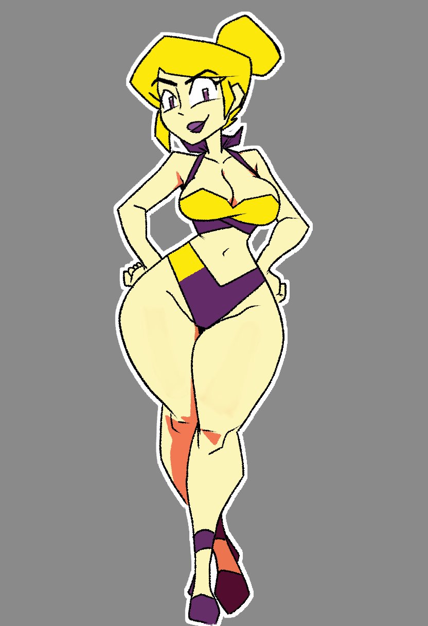 big breasts, bikini, blonde female, blonde hair, dumbsmutty, dumbwitchyy, first porn of character, gameoverse, glitch productions, grey background, high heels, looking at viewer, miss information (gameoverse), pear shaped, pear shaped female, pear-shaped figure, purple eyes, solo, thick thighs, wide hips