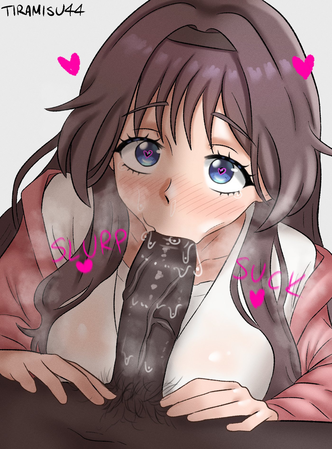 :>=, black hair, blowjob, blue eyes, cheating, dark-skinned male, fellatio, heart-shaped pupils, interracial, kaoru hana wa rin to saku, light-skinned female, netorare, pov, sloppy blowjob, tagme, tiramisu44, waguri kaoruko