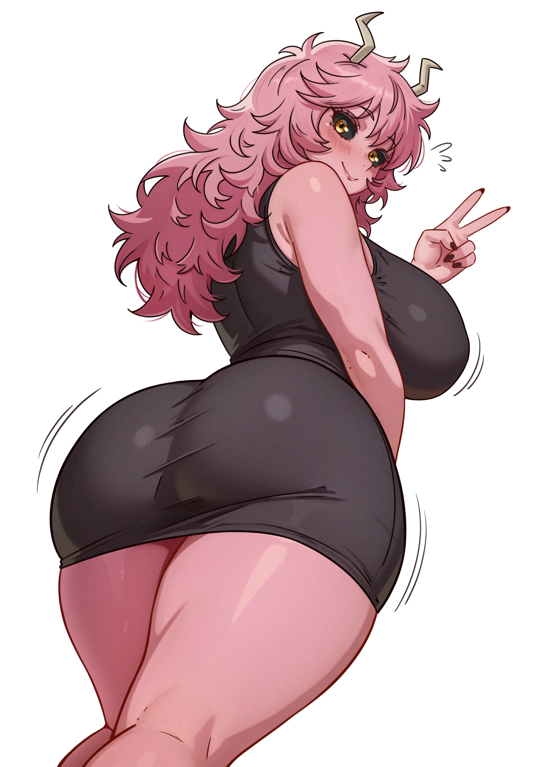 1girls, alternate version available, ass, ass focus, ass in dress, back, back view, big ass, big breasts, black dress, black nail polish, black nails, black sclera, blush, breasts, cetta (cettadvd), clothing, curvy, curvy figure, dress, female, female only, hair, horns, hourglass figure, huge ass, large breasts, long hair, looking back, mina ashido, mina ashido time-skip, motion lines, my hero academia, my hero academia (finale), nail polish, nails, peace sign, pink body, pink hair, pink skin, post-timeskip, sideboob, slim waist, smile, solo, solo female, thick thighs, thighs, wide hips, yellow eyes