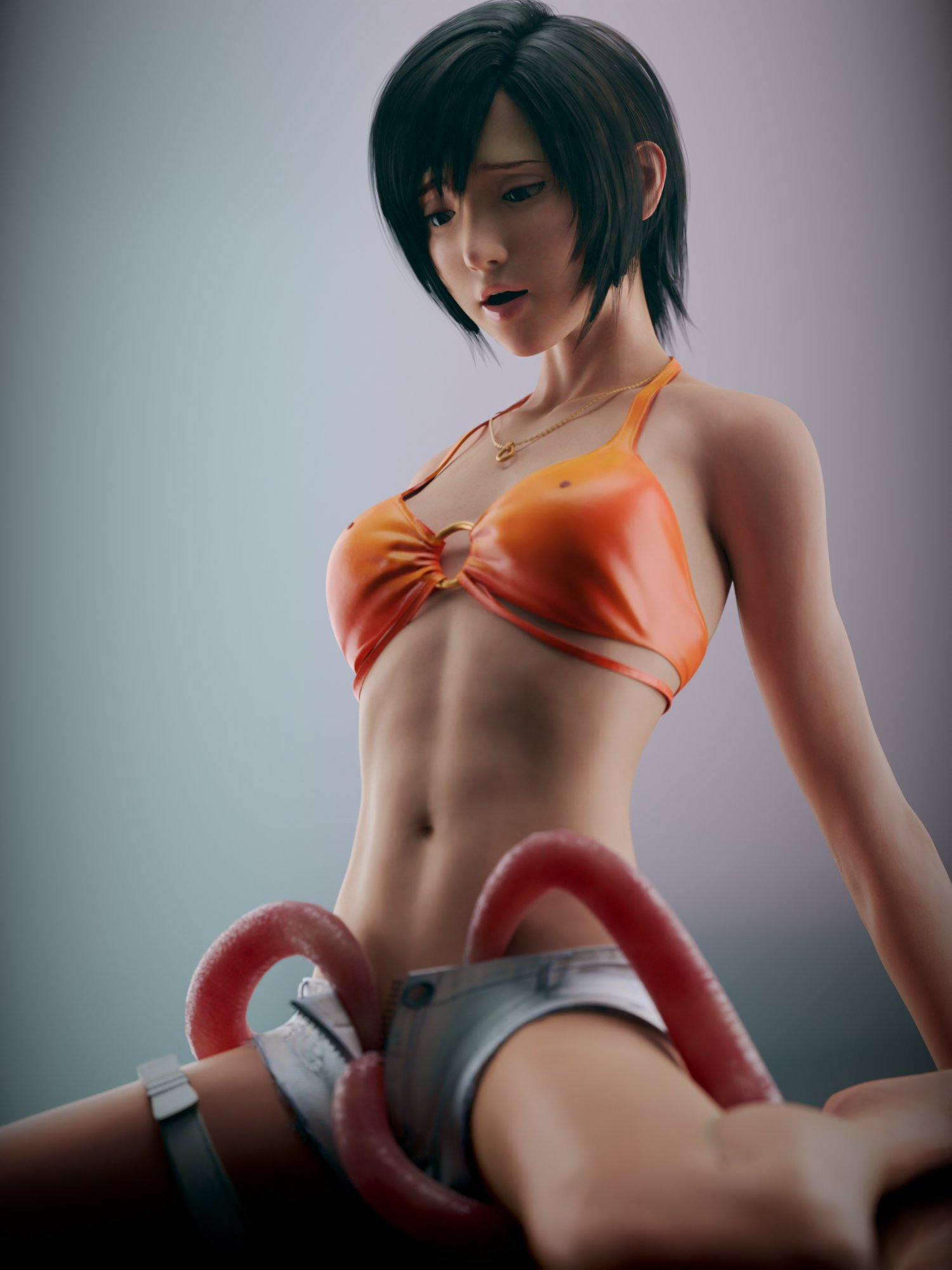 1girls, 3d, 3d (artwork), abs, ambiguous penetration, blender, booty shorts, bra, breasts, clothed, clothing, female, female focus, female only, female torso, final fantasy, final fantasy vii, final fantasy vii rebirth, imminent sex, implied penetration, implied sex, interspecies, jean shorts, light skin, light-skinned female, looking down, lydas3d, monster, monster on female, on knees, petite, petite body, shorts, simple background, slim waist, small breasts, submissive, submissive female, tank top, tease, teasing, tentacle, tentacles, tentacles under clothes, tomboy, unzipped, unzipped shorts, unzipping, yuffie kisaragi
