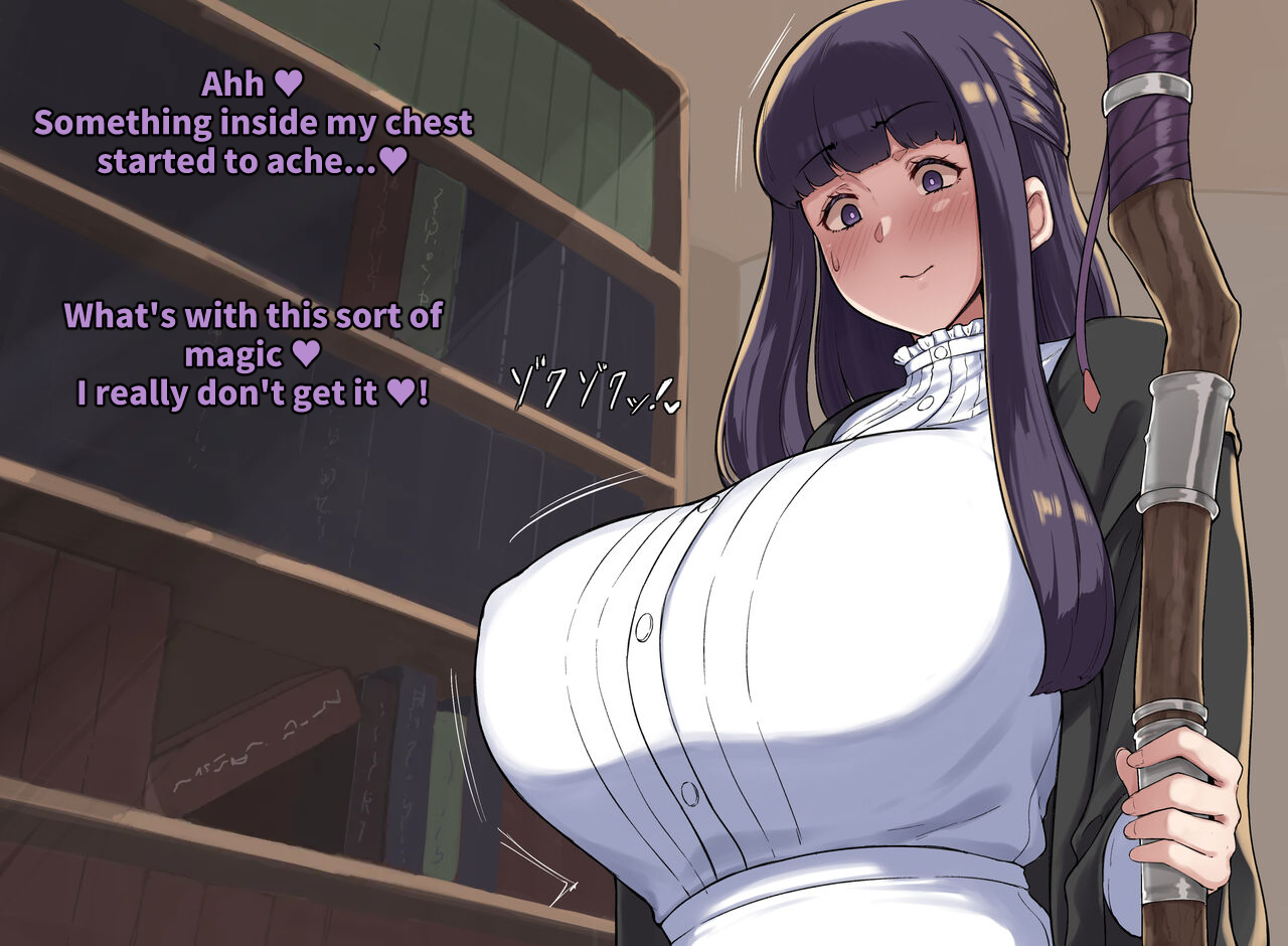 blush, blushing, books, bookshelf, breast pregnancy, carrot caramel batake, clothed, clothed female, dialogue, english, english text, fern (sousou no frieren), fertile breasts, frieren beyond journey's end, huge breasts, indoors, infestation, infested breasts, insectophilia, interspecies, mage staff, nervous, nervous expression, nervous face, nervous female, nervous smile, nervous sweat, nervous sweating, pregnant breast, purple eyes, purple hair, smile, sousou no frieren, staff, sweat, sweatdrop, text, zoophilia