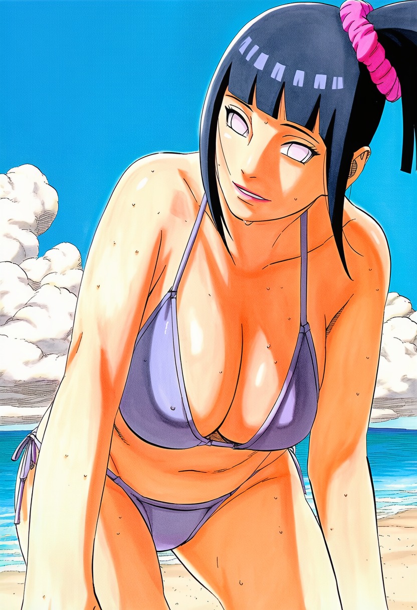 1girls, accurate art style, accurate body type, ai generated, alternate hairstyle, bare arms, bare shoulders, beach, big breasts, bikini, bikini bottom, bikini top, black hair, blue sky, blunt bangs, breast focus, breasts, busty, cleavage, clothing, cloud, collarbone, cowboy shot, curvaceous, curvy, day, deep cleavage, facing viewer, female, female focus, female only, foreshortening, front view, full color, groin, hair ornament, hair scrunchie, hair tie, halter bikini, halter top, halterneck, head tilt, high resolution, highres, hyuuga hinata, large breasts, lavender eyes, leaning forward, light-skinned female, line art, long hair, looking at viewer, manga style, masashi kishimoto style, midriff, naruto, naruto (series), naruto shippuden, navel, no pupils, ocean, official style, outdoors, parted lips, pink lips, pink scrunchie, ponytail, purple bikini, purple eyes, purple scrunchie, purple swimsuit, sand, scenery, scrunchie, seaside, shiny breasts, shiny hair, shiny skin, shore, side ponytail, side-tie bikini bottom, sidelocks, sky, smile, soft shading, solo, solo focus, standing, string bikini, swimsuit, thin eyebrows, tied hair, waifu, water, wet, wet body, wet skin