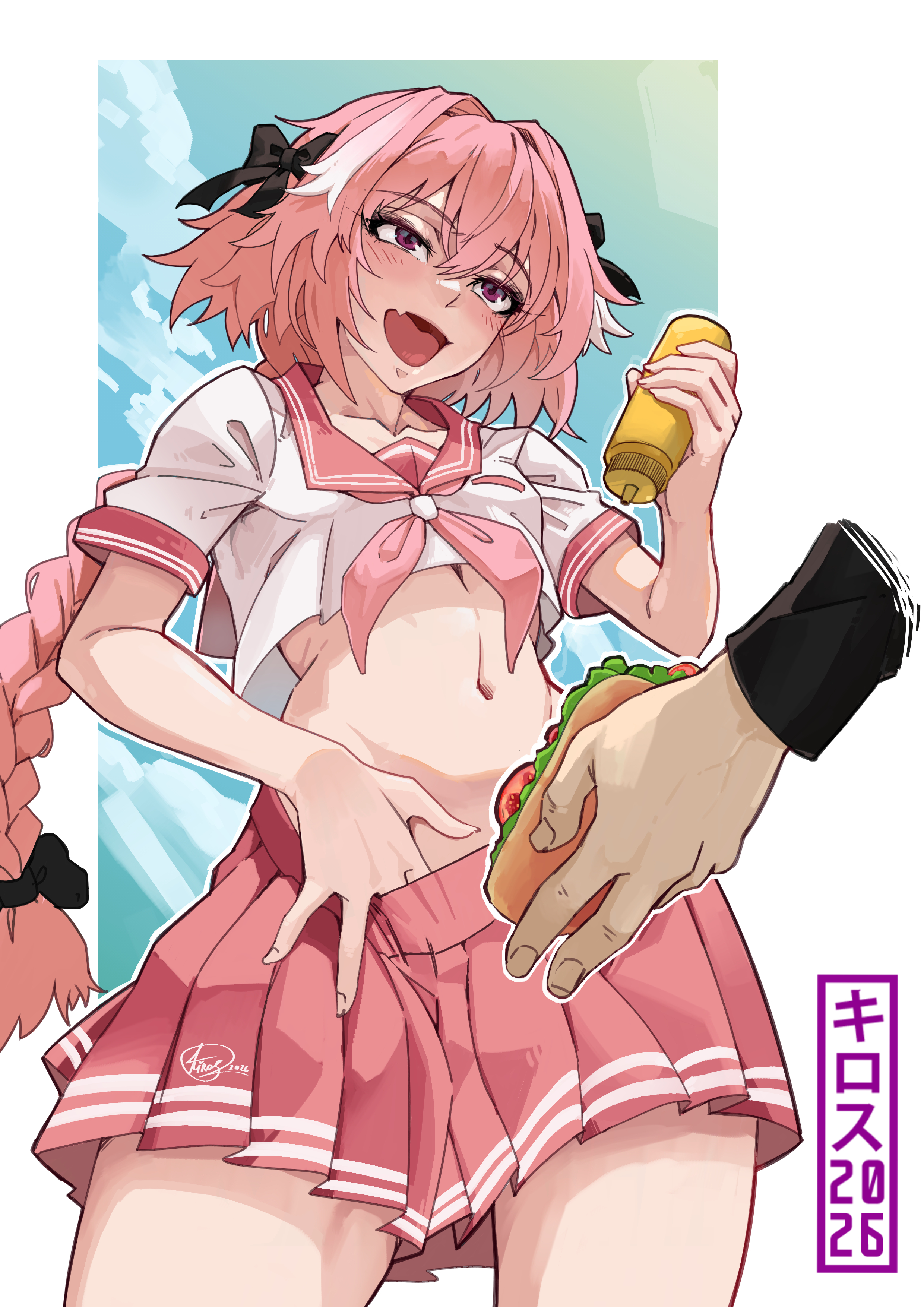 2d, 2d (artwork), astolfo (fate), clothed, fate (series), fate/grand order, femboy, kirostemple, long hair, male, male only, navel, pink hair, sfw, tagme