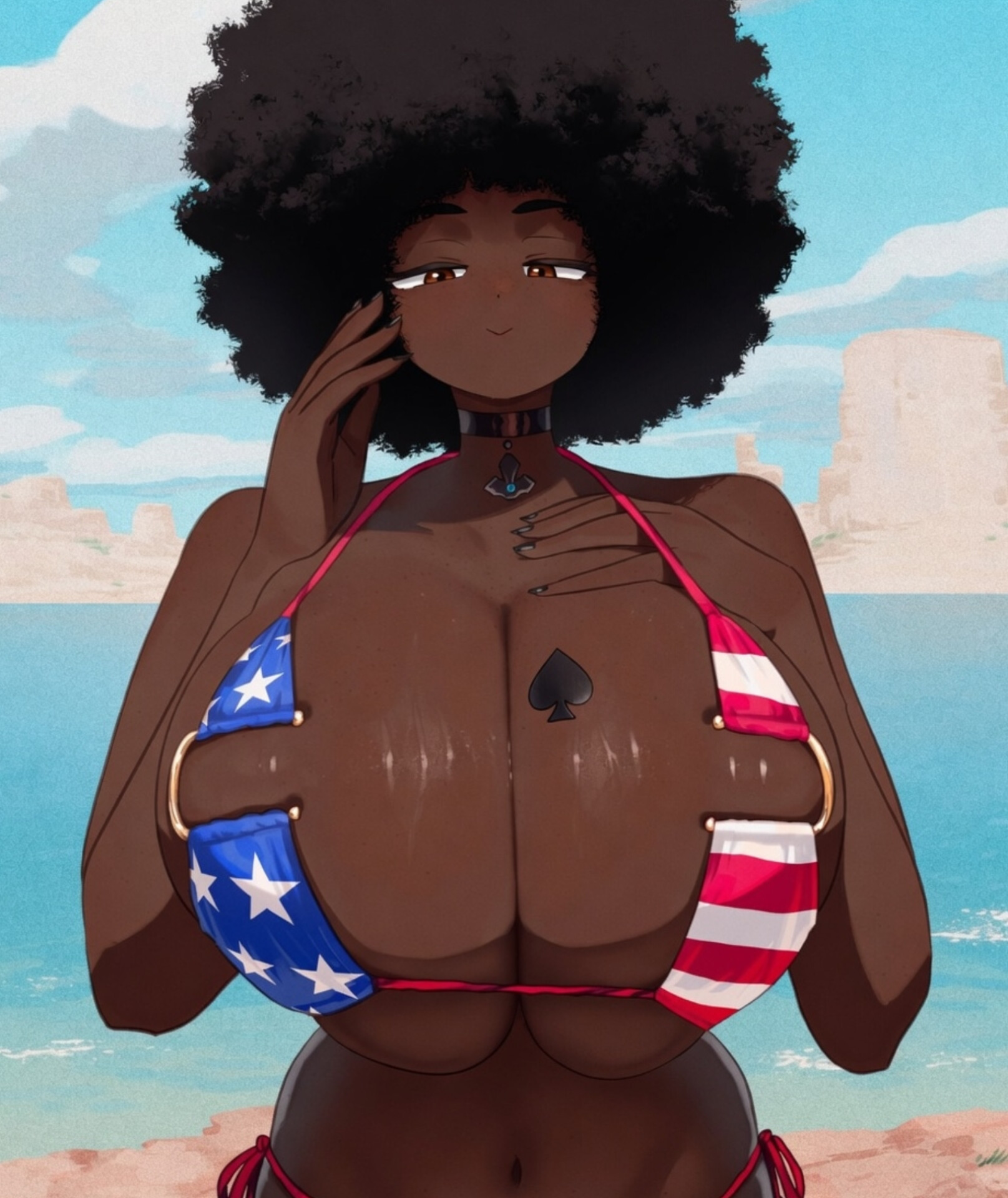 1girls, african female, afro, ai generated, american flag bikini, beach, big breasts, bikini, black female, black hair, brown eyes, cleavage, curly hair, dark skin, dark-skinned female, gigantic breasts, huge breasts, looking at viewer, mrtecta, original, original character, outdoors, outside, qos, qos tattoo, queen of spades, queen of spades symbol, queen of spades tattoo, solo, solo female, tattoo, tattoo on breast, tattoo on chest