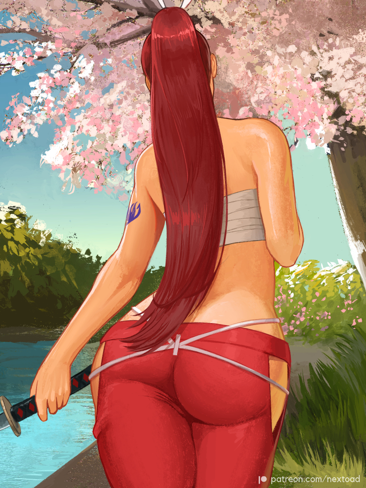 1girls, 2022, 2d, 2d (artwork), arm tattoo, artist name, ass, athletic, athletic female, back view, bandage, bandages, big ass, blue tattoo, cherry blossoms, clothed, clothed female, day, erza scarlet, exposed shoulders, fairy tail, fairy tail mark, fat ass, female, female only, foilage, hair up, heroine, human, human only, katana, light skin, light-skinned female, long hair, nextoad, outdoors, outside, patreon, ponytail, questionable, red hair, red-haired female, sfw, solo, solo female, standing, straight hair, sword, tattoo, tattoo on arm, tattooed arm, toned, toned female, tree, turned away, weapon