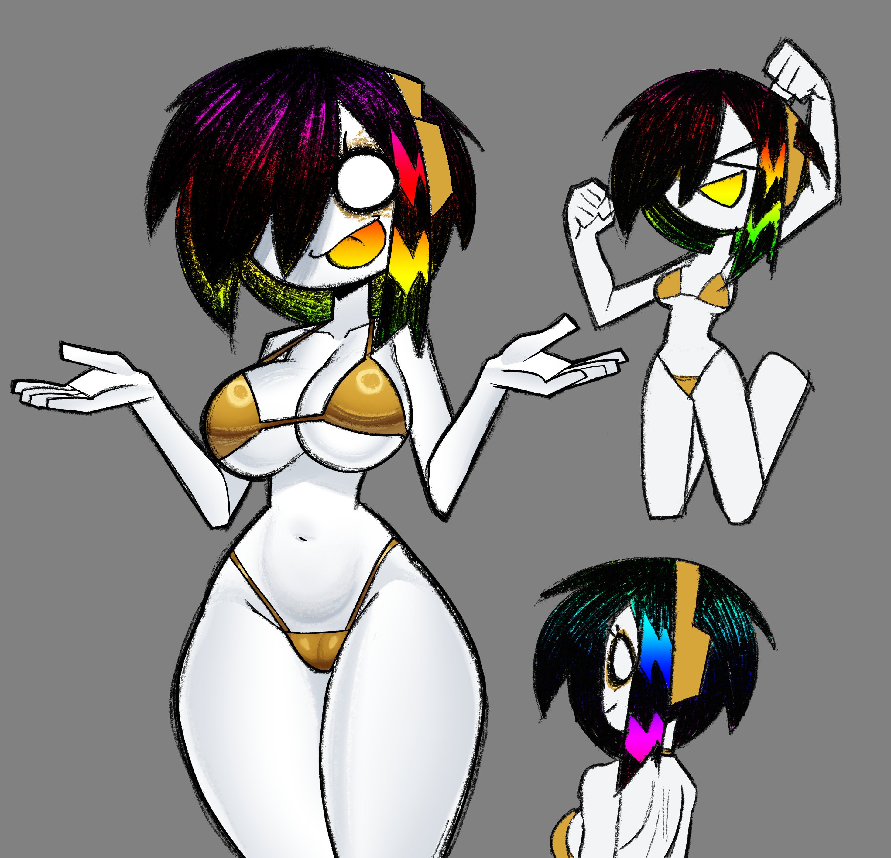 , 1girls, 2026, 2d, 2d (artwork), big breasts, bikini, breasts, color, colored, digital drawing (artwork), digital media (artwork), female, female only, gold bikini, golden bikini, golden week, grey background, headphones, looking at viewer, multiple views, open smile, rainbow hair, scene hair, scenecore, simple background, sqwunx (artist), thick thighs, thighs, tongue, tongue out, white body, white skin, xx k4w4ii k1ll3r xx