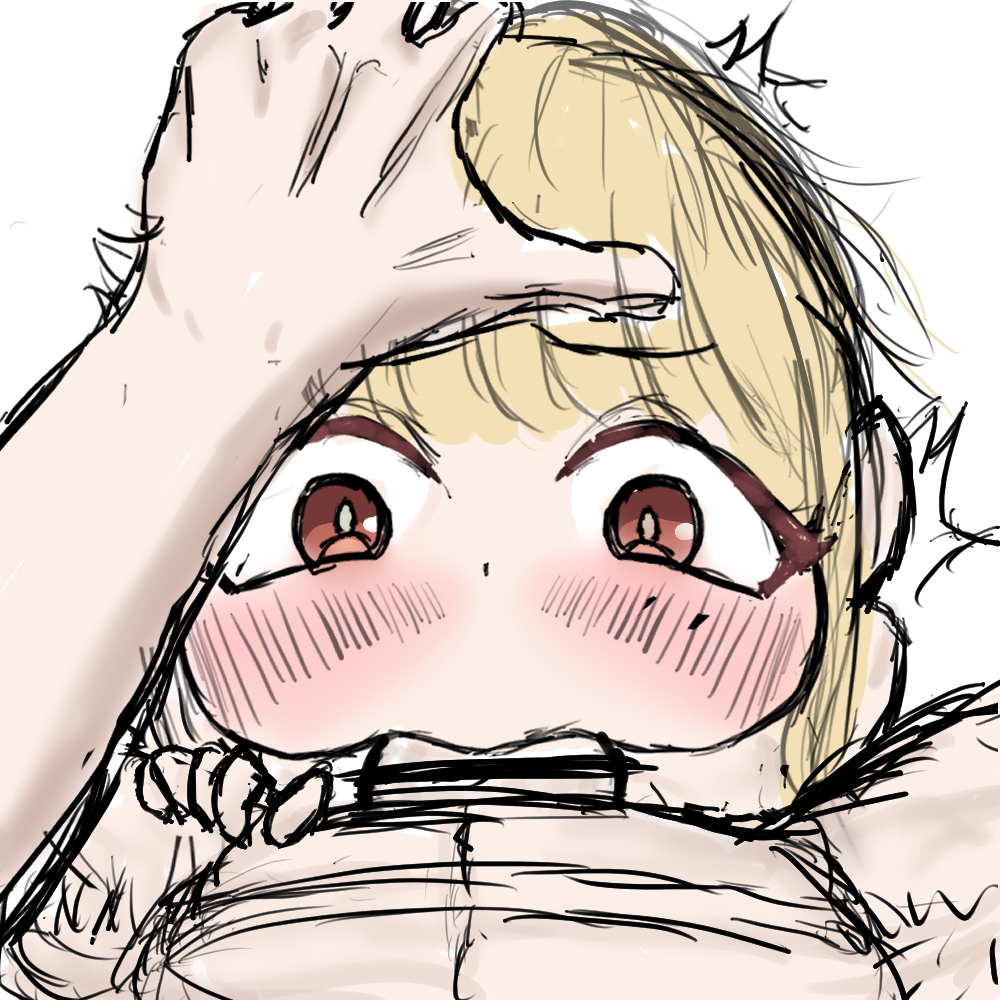 1boy, 1girl, bar censor, between legs, blonde hair, blush, censored, censored penis, cheek bulge, cho kaguya-hime!, chou kaguya-hime!, cosmic princess kaguya, deepthroat, hand on head, irrumatio, kaguya (cho kaguya-hime!), kurosake (pixiv118069368), lesbian gets dicked, lesbian with male, looking at viewer, lying, lying on back, mouthful, on back, oral, orientation play, penis, pov, pov crotch, red eyes, sketch, wide eyed