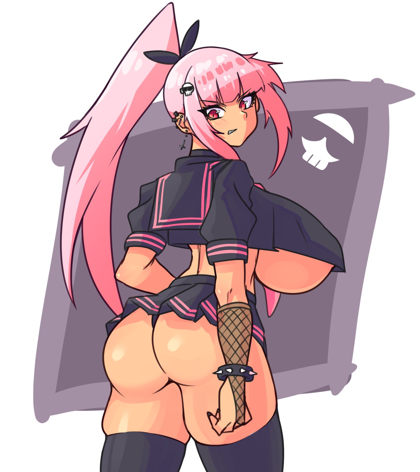 1girls, angry, ass, ass hanging out, ass hanging out of skirt, breasts, clenched teeth, crop top overhang, cropped shirt, ear piercing, ear studs, earrings, female, female only, fishnets, gloves, gyaru, hair ornament, hololive, hololive english, hololive myth, huge ass, huge breasts, konaloid, long hair, looking back, miniskirt, mori calliope, piercing, pink hair, ponytail, red eyes, school uniform, skirt, thick thighs, thighhighs, thighs, underboob, very long hair, virtual youtuber