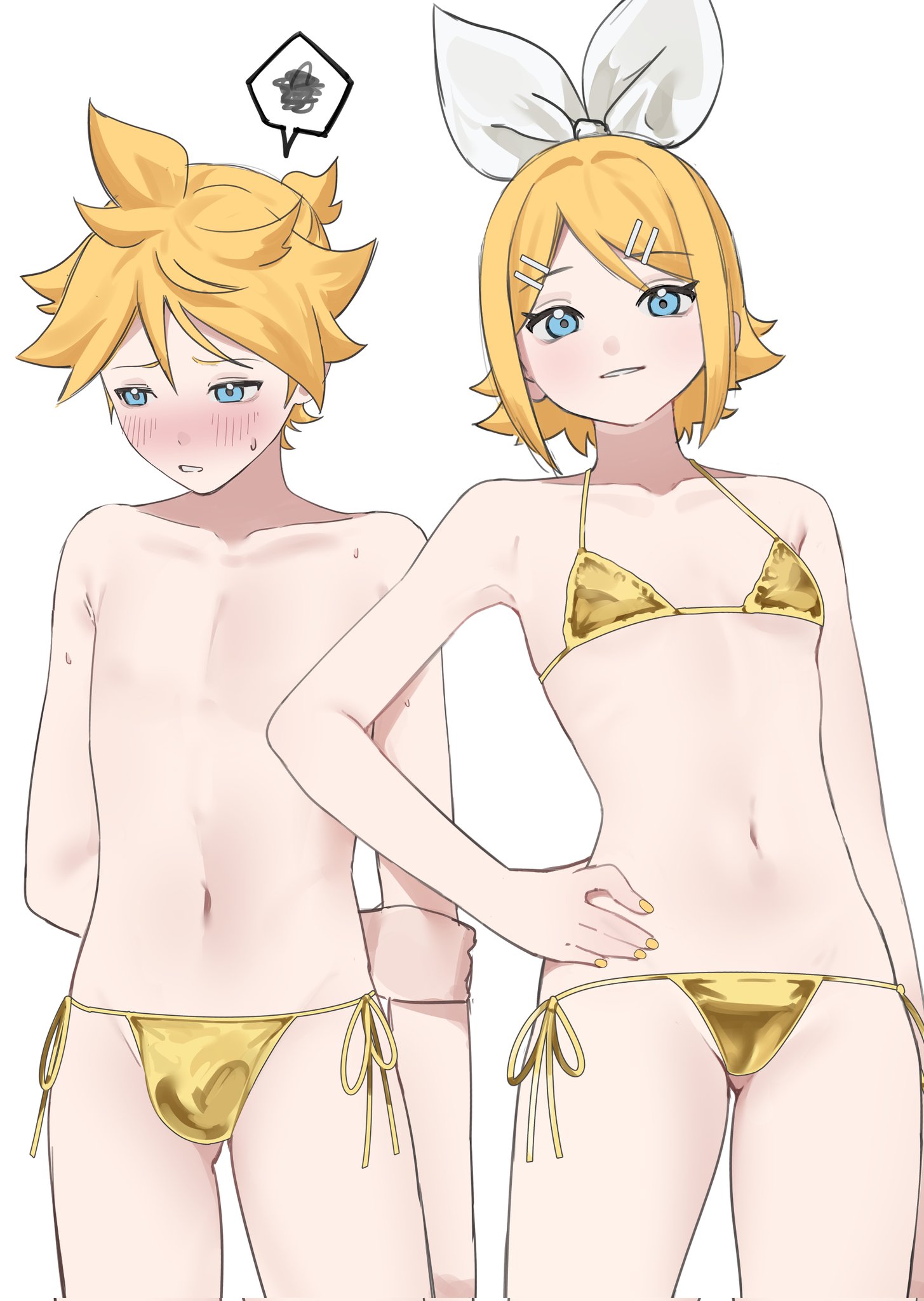 1boy, 1girls, blonde hair, blue eyes, blush, blushing, both sexes in same situation, bulge, embarrassed, femboy, feminine male, gold bikini, golden week, itoyokocho, kagamine len, kagamine rin, siblings, trend, twink, twins, vocaloid
