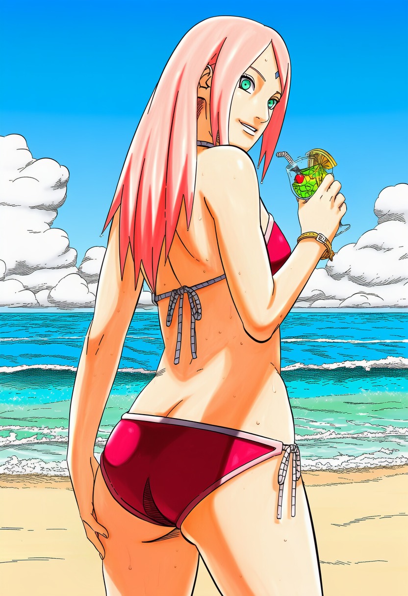 1girls, accurate art style, accurate body type, ai generated, ass focus, back, back view, bangle, beach, bikini, bikini bottom, bikini top, blue sky, boruto: naruto next generations, bracelet, breasts, butt, butt crack, cherry, clothed, clothing, cloud, cocktail, cowboy shot, curvy, curvy figure, day, drink, drinking glass, drinking straw, facial mark, female, female focus, female only, food, forehead jewel, forehead mark, from behind, fruit humanoid, full color, green eyes, grin, hand on own ass, high resolution, highres, holding, holding glass, light skin, light-skinned female, line art, long hair, looking at viewer, looking back, looking back at viewer, looking over shoulder, manga style, masashi kishimoto style, mature female, medium ass, medium breasts, milf, naruto, naruto (series), naruto shippuden, ocean, official style, orange (fruit), outdoors, parted bangs, parted lips, pink hair, red bikini, red swimsuit, sakura haruno, sand, scenery, seaside, shiny hair, shiny skin, shore, side-tie bikini bottom, sideboob, sky, slender waist, smile, soft shading, solo, solo focus, standing, string bikini, sweat, sweatdrop, swimsuit, teeth, teeth showing, thin eyebrows, three-quarter view, tropical drink, uchiha sakura, waifu, water, wet, wet body, wet skin, wristwear