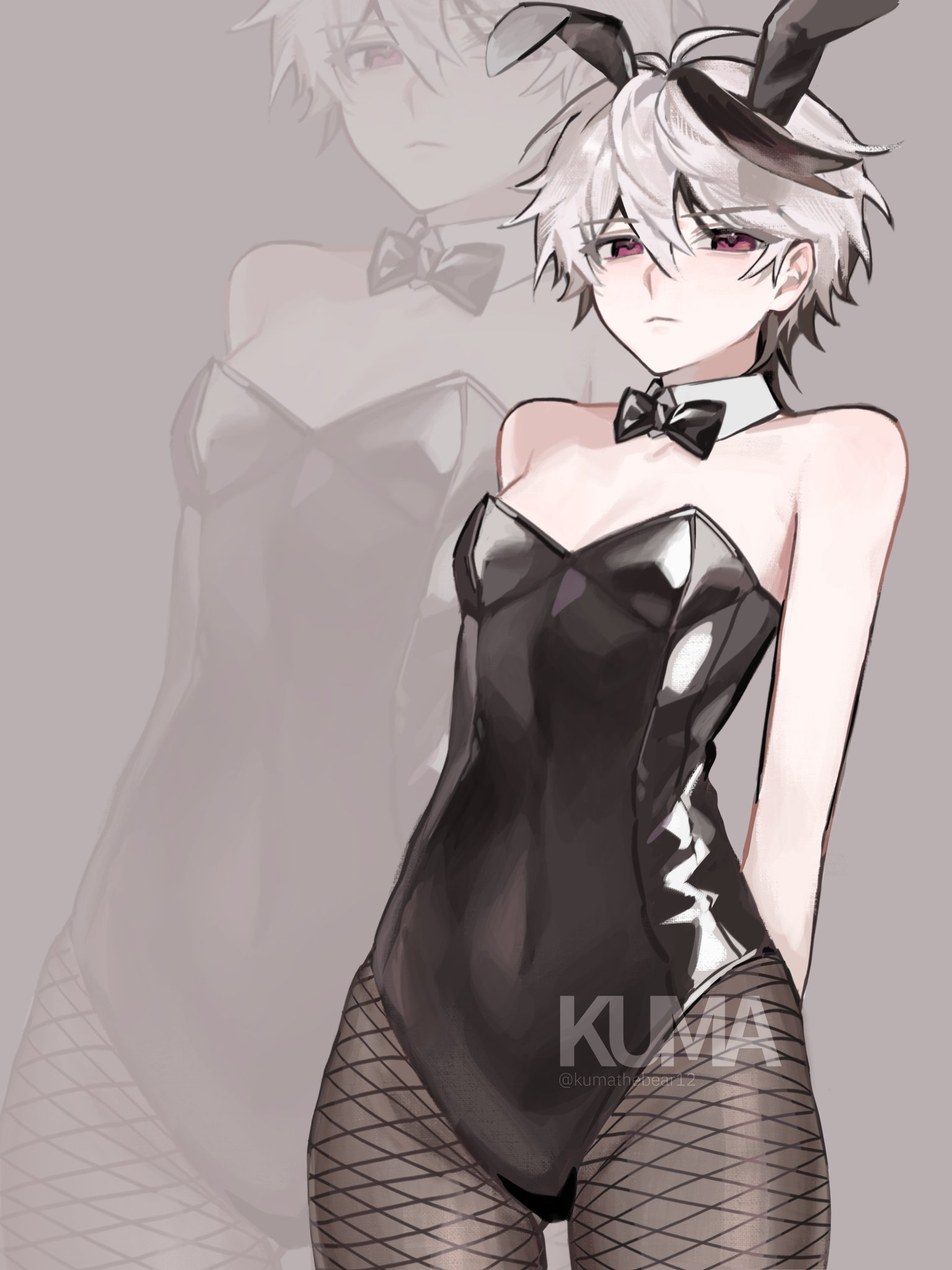 1girls, androgynous, bunny costume, bunny ears, bunnysuit, cowboy shot, fishnet stockings, fishnets, flat chest, hands behind back, petite breasts, reverse trap, short hair female, small breasts, tomboy, two-tone hair, v flower, vocaloid, vocaloid 4, white hair