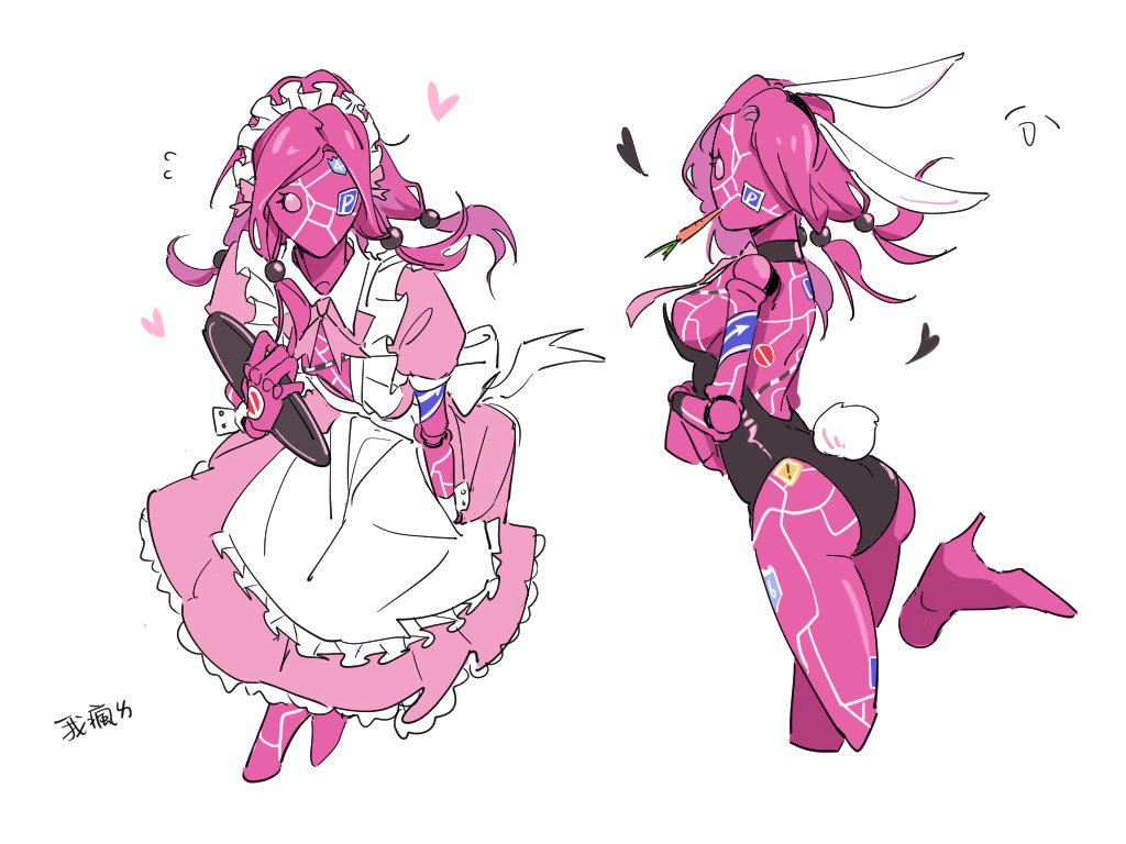 1girls, breasts, bunny ears, bunnysuit, carrot, cute, female, heart, high heels, humanoid, jojo's bizarre adventure, jojolion, long hair, maid, missing eye, paisley park, pink eyes, pink hair, pink skin, sfw, shounen jump, stand (jjba), yeah pkm