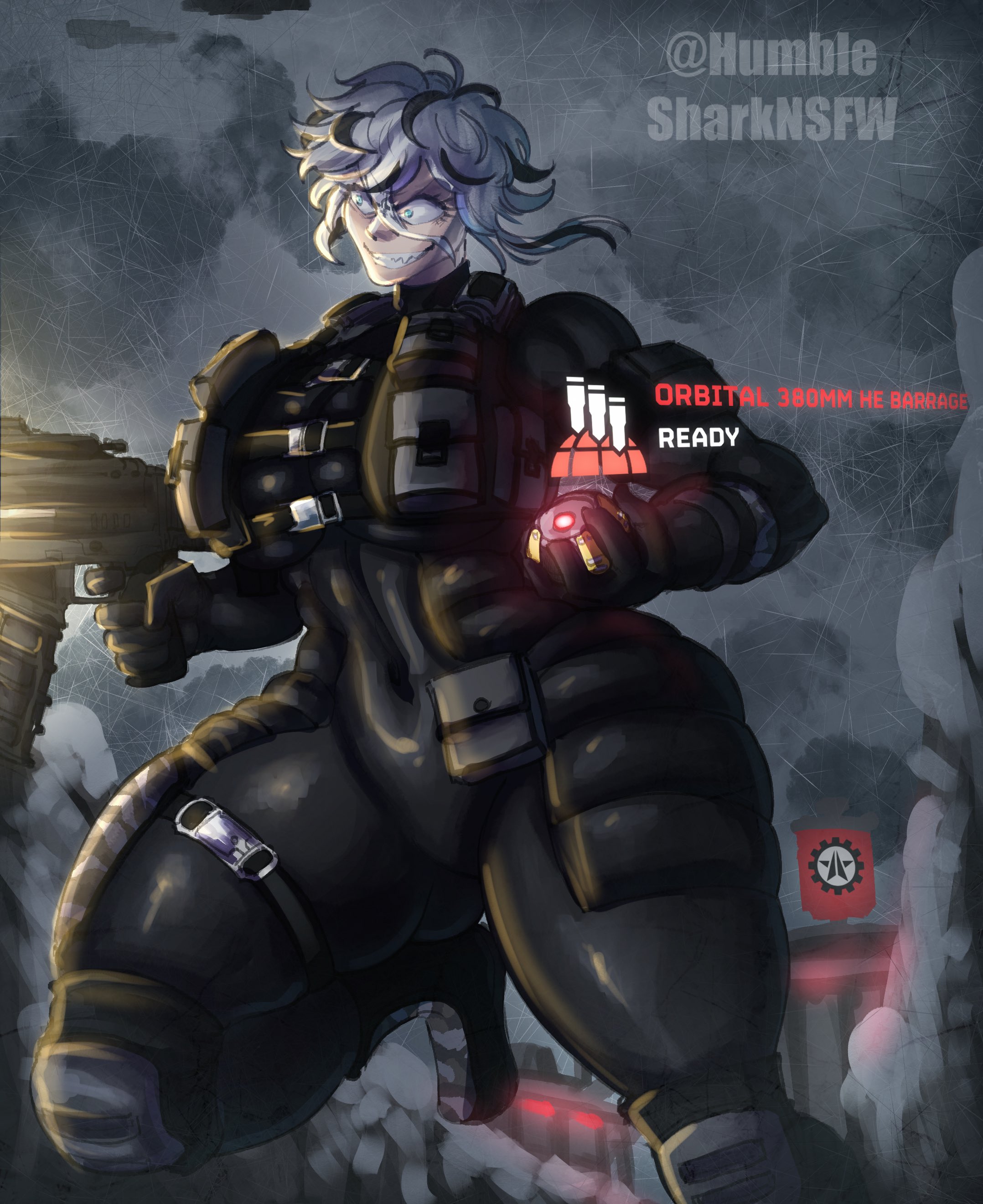1girls, armor, big breasts, breasts, crazy eyes, female, gun, helldivers, helldivers 2, humble shark, someone else's oc, thick thighs, voluptuous, voluptuous female