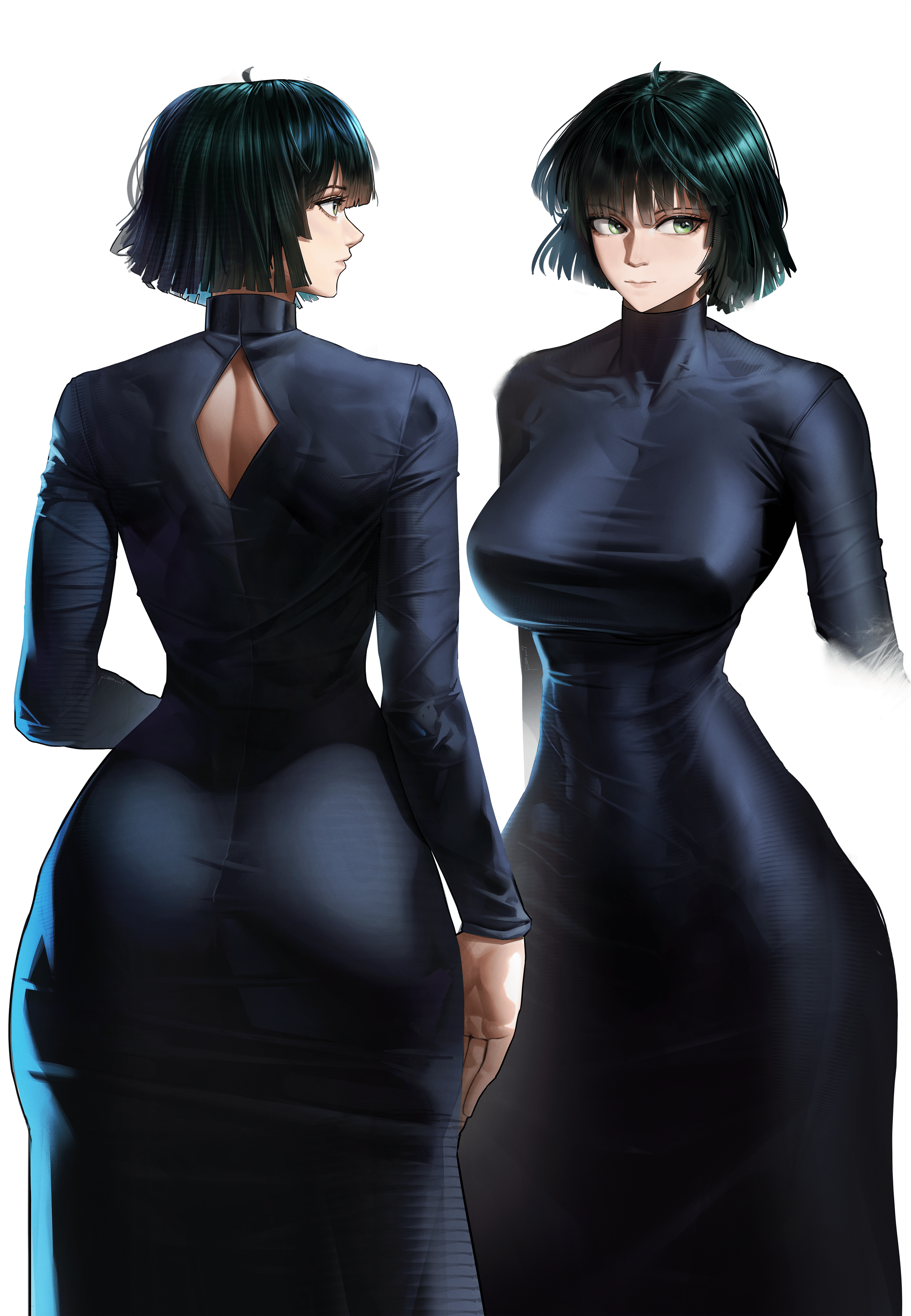 1girl, 1girls, absurd res, absurd resolution, absurdres, ahoge, ass, ass in dress, back cutout, big ass, big breasts, big butt, black dress, breasts, breasts in dress, busty, closed mouth, clothing cutout, commentary, covered navel, curvaceous, curvy, curvy female, curvy figure, dress, english commentary, fat ass, female, female focus, female only, fubuki (one-punch man), green eyes, green hair, hi res, high resolution, highres, huge ass, huge breasts, huge butt, large ass, large breasts, long sleeves, looking to the side, medium hair, multiple angles, multiple views, one-punch man, rido9, short hair, simple background, skin tight, solo, solo female, solo focus, standing, tagme, voluptuous, voluptuous female, white background