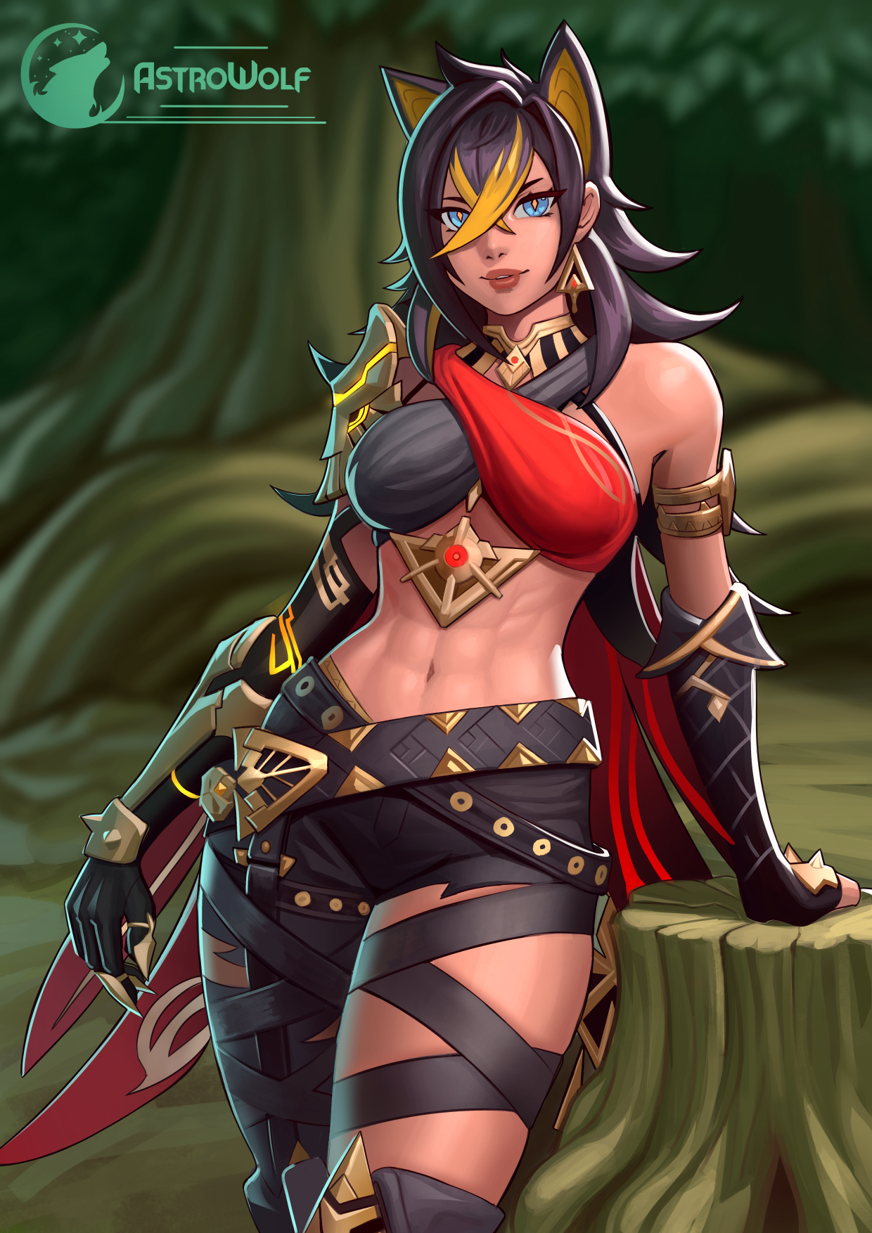 abs, armor, astrowolf, big breasts, blue eyes, breasts, cat ears, claws, dehya (genshin impact), female, genshin impact, gloves, jewelry, long hair, tanned, tanned female, tanned skin, thick thighs, thigh highs, thigh squish, thigh strap