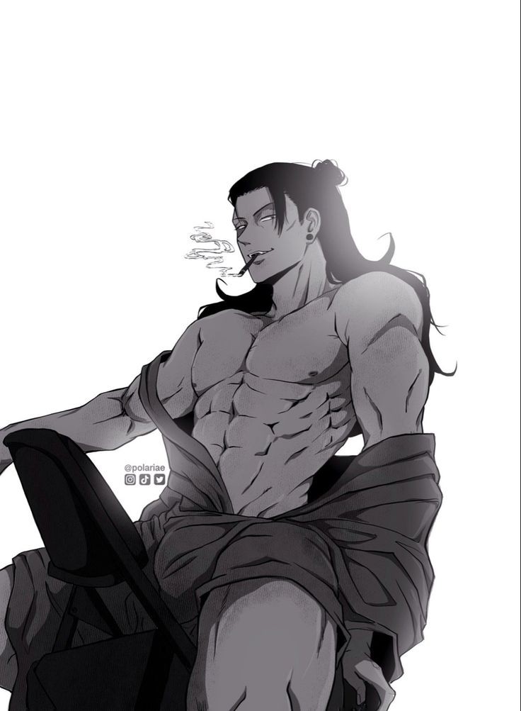 1boy, abs, bara, black hair, buff, gay, jujutsu kaisen, long hair, looking at viewer, male, male only, masculine male, muscular, muscular male, pecs, polariae, suguru geto, yaoi