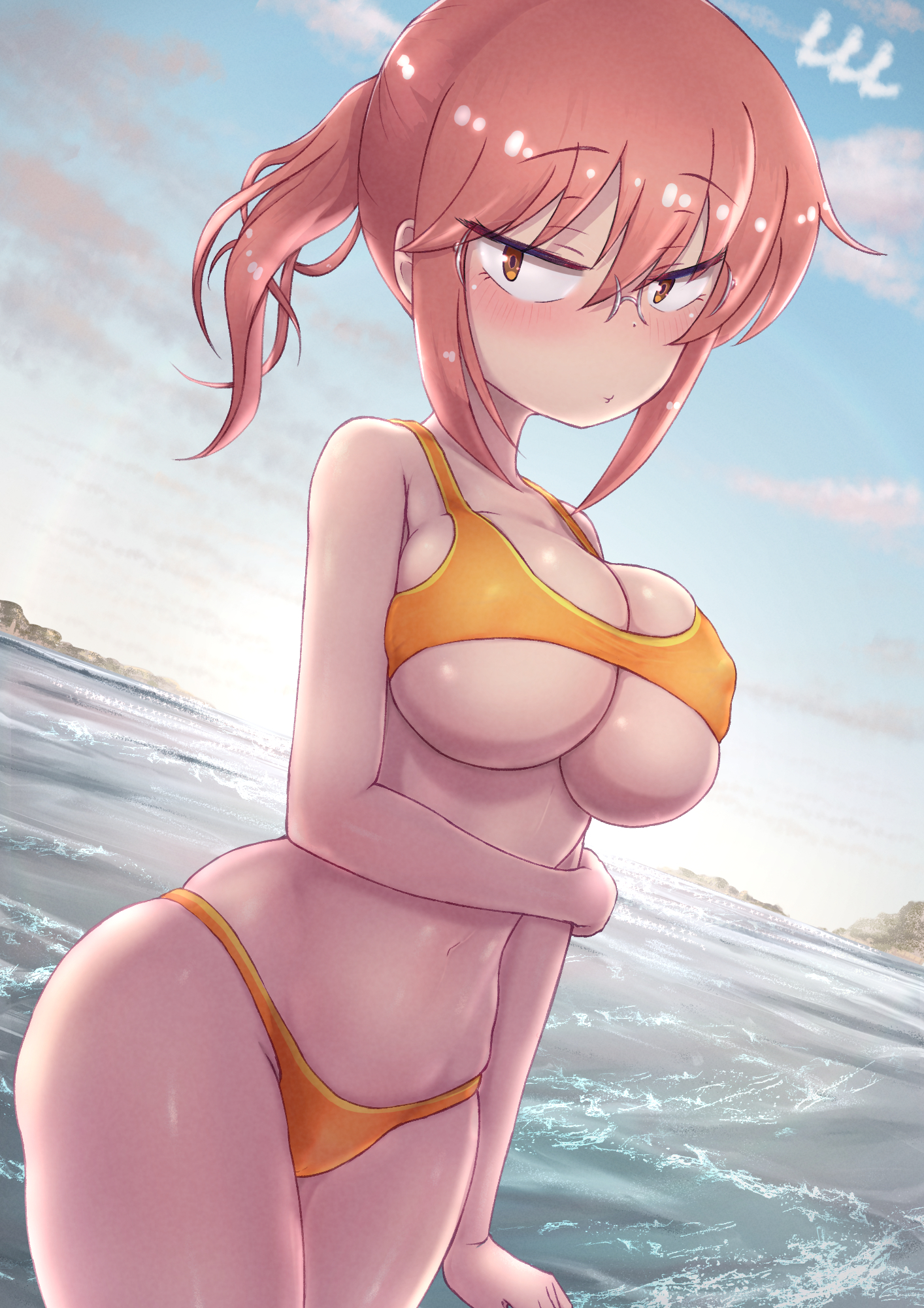 1girls, alternate breast size, beach, big breasts, bikini, breasts, eye contact, female, female only, glasses, kobayashi, looking at viewer, miss kobayashi's dragon maid, ozrereresan, red hair, solo, solo female, standing, thick thighs, thighs