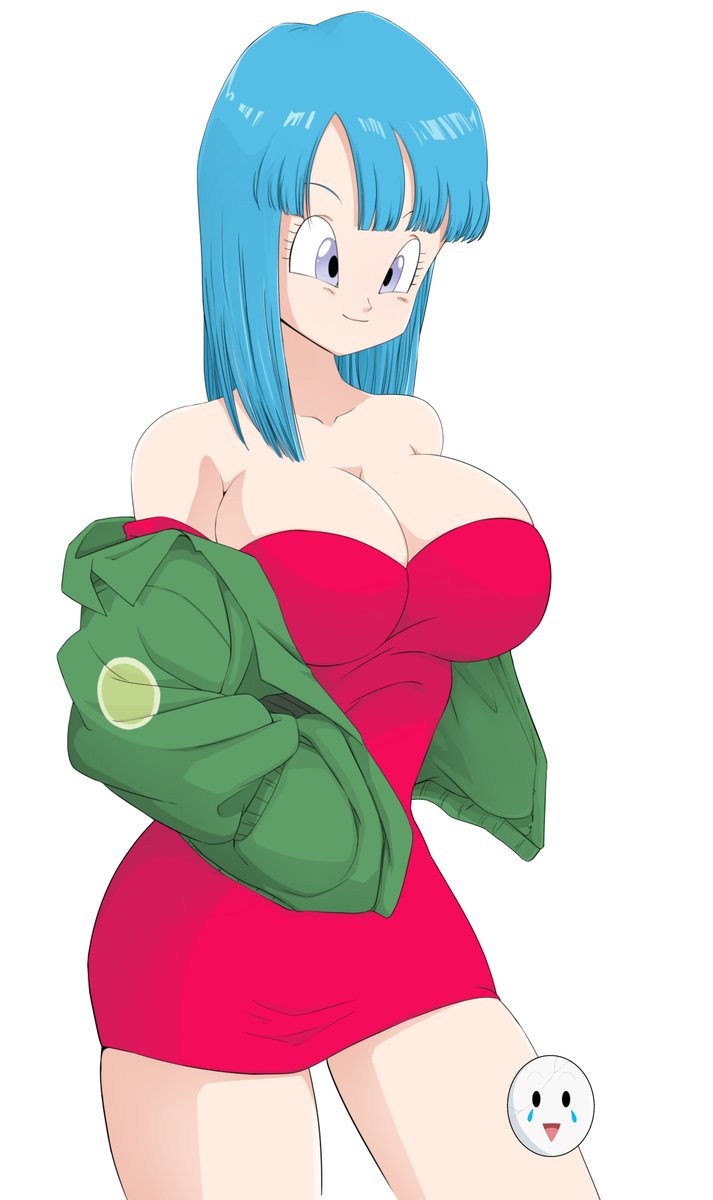 1girls big_breasts blue_hair breasts busty caisama cleavage dragon_ball dragon_ball_z dress grey_eyes huge_breasts jacket large_breasts maron red_dress short_dress short_skirt shounen_jump simple_background smooth_skin